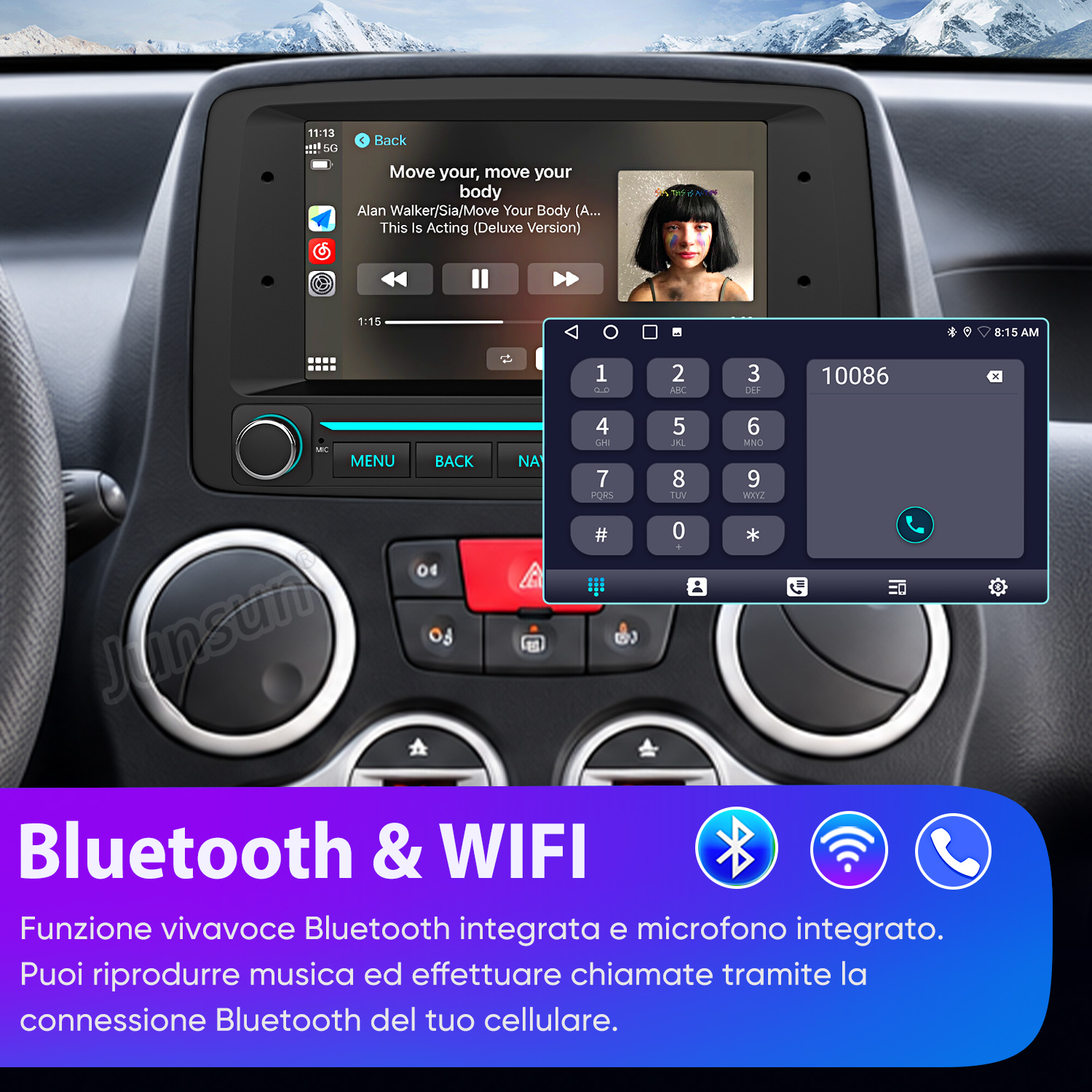 Uno schermo audio per auto mostra la riproduzione musicale e un tastierino.