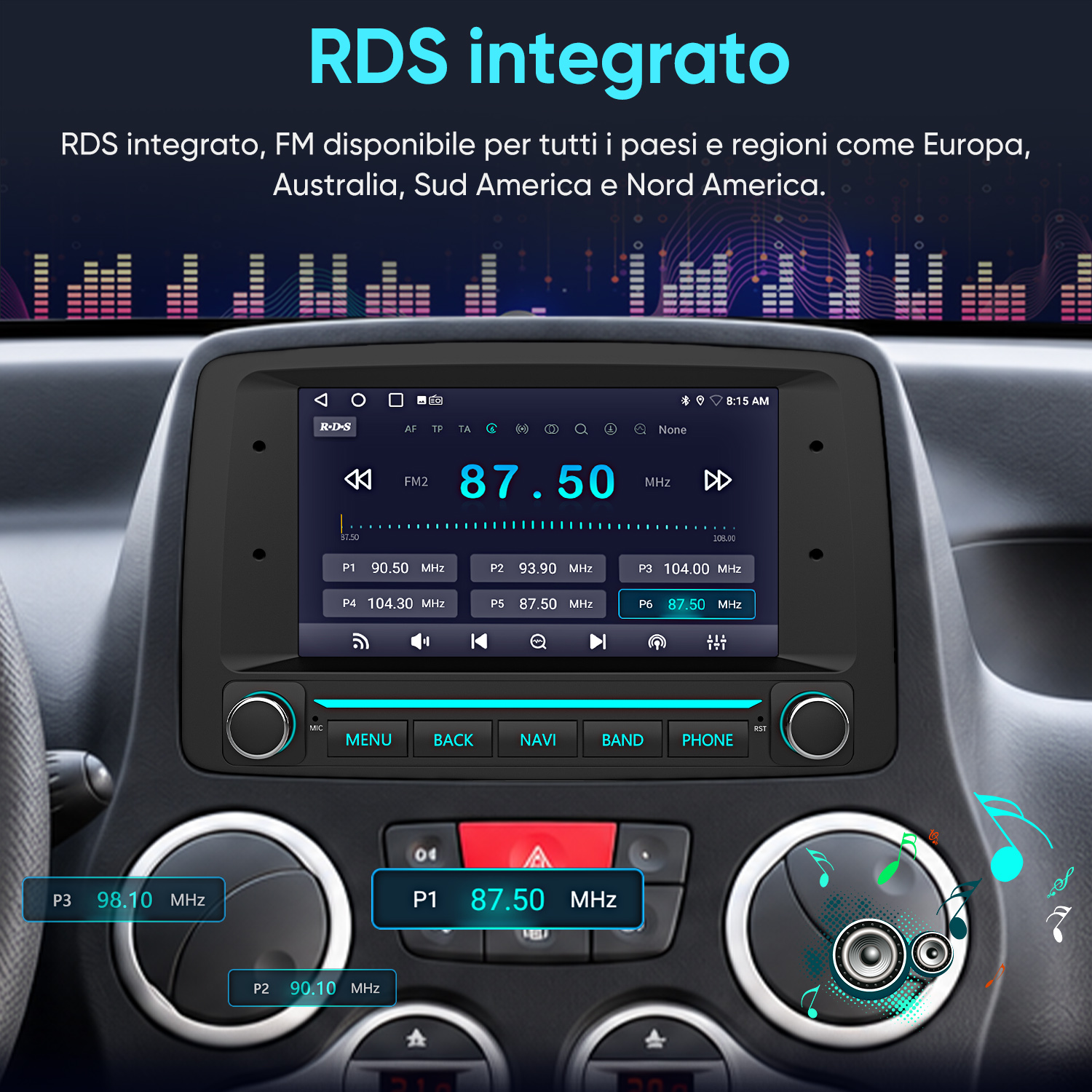 Un sistema audio per auto sul cruscotto mostra la stazione radio con integrazione RDS.