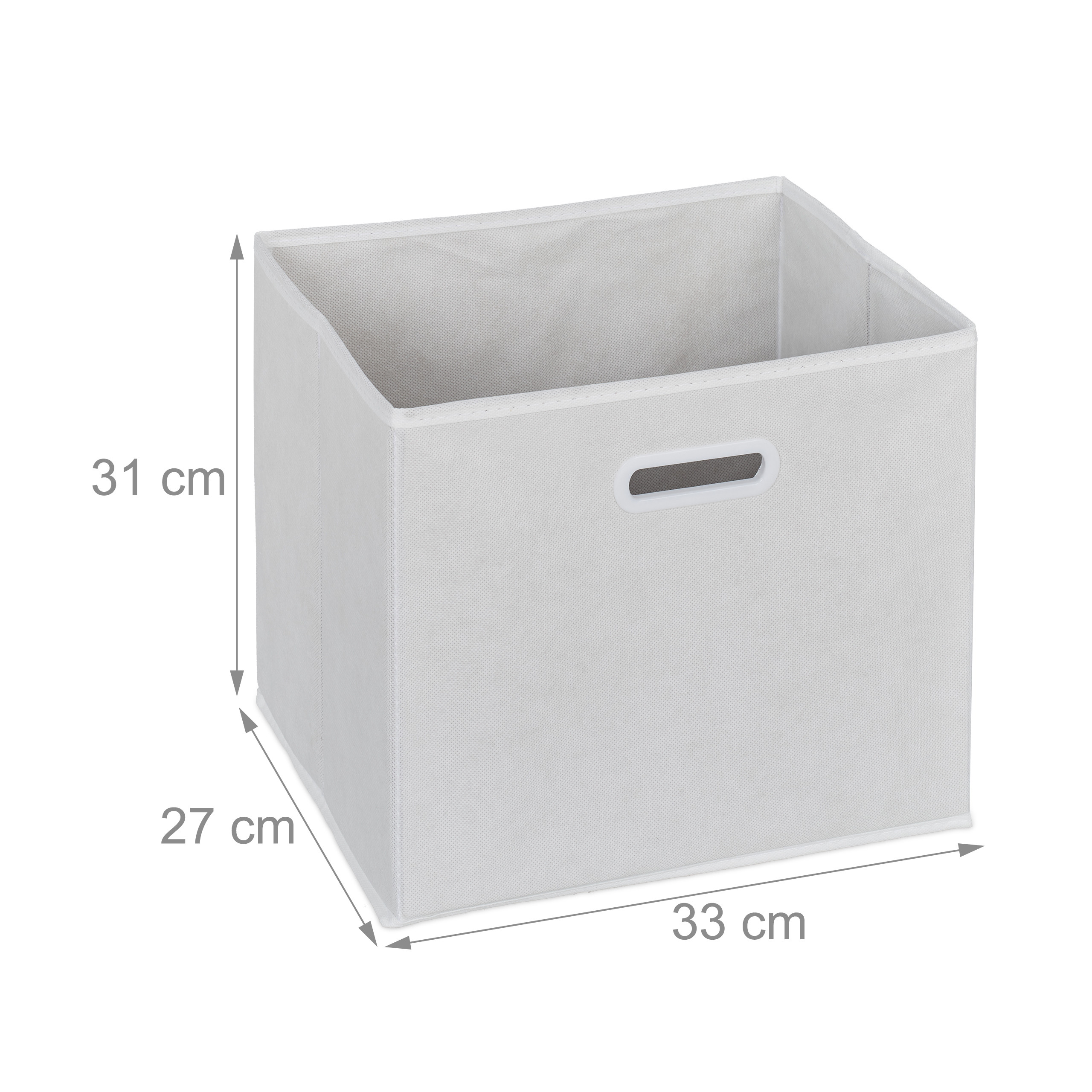 Eine graue Faltbox mit Griff, 33x27x31 cm groß, auf weißem Grund.