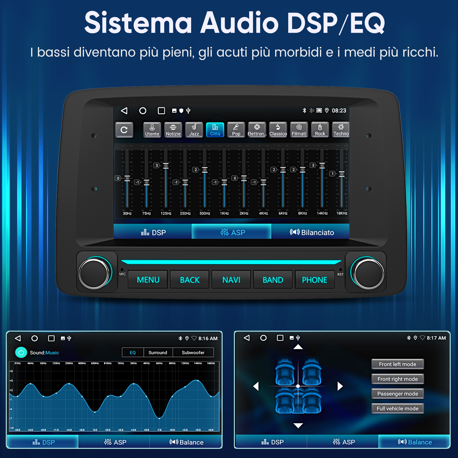 Display autoradio con impostazioni equalizzatore, controlli DSP e opzioni di bilanciamento su sfondo blu.
