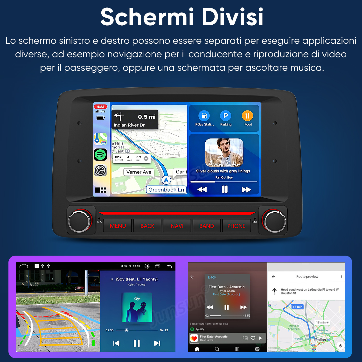 Schermo diviso in auto con navigazione a sinistra e controlli musicali a destra.