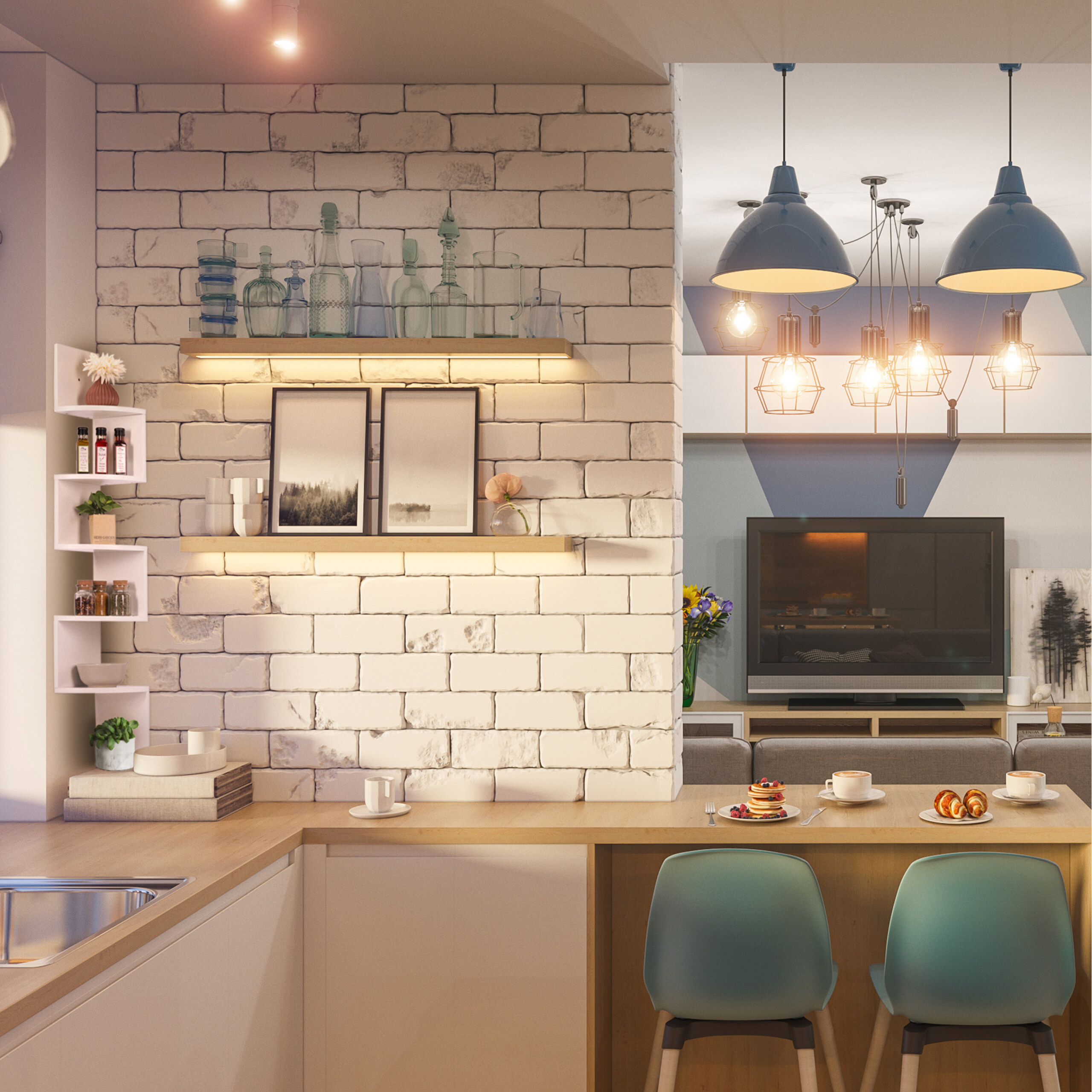 Moderne Küche mit weißer Backsteinwand, Holzböden, beleuchteten Regalen und Blick ins Wohnzimmer mit blauem Licht.