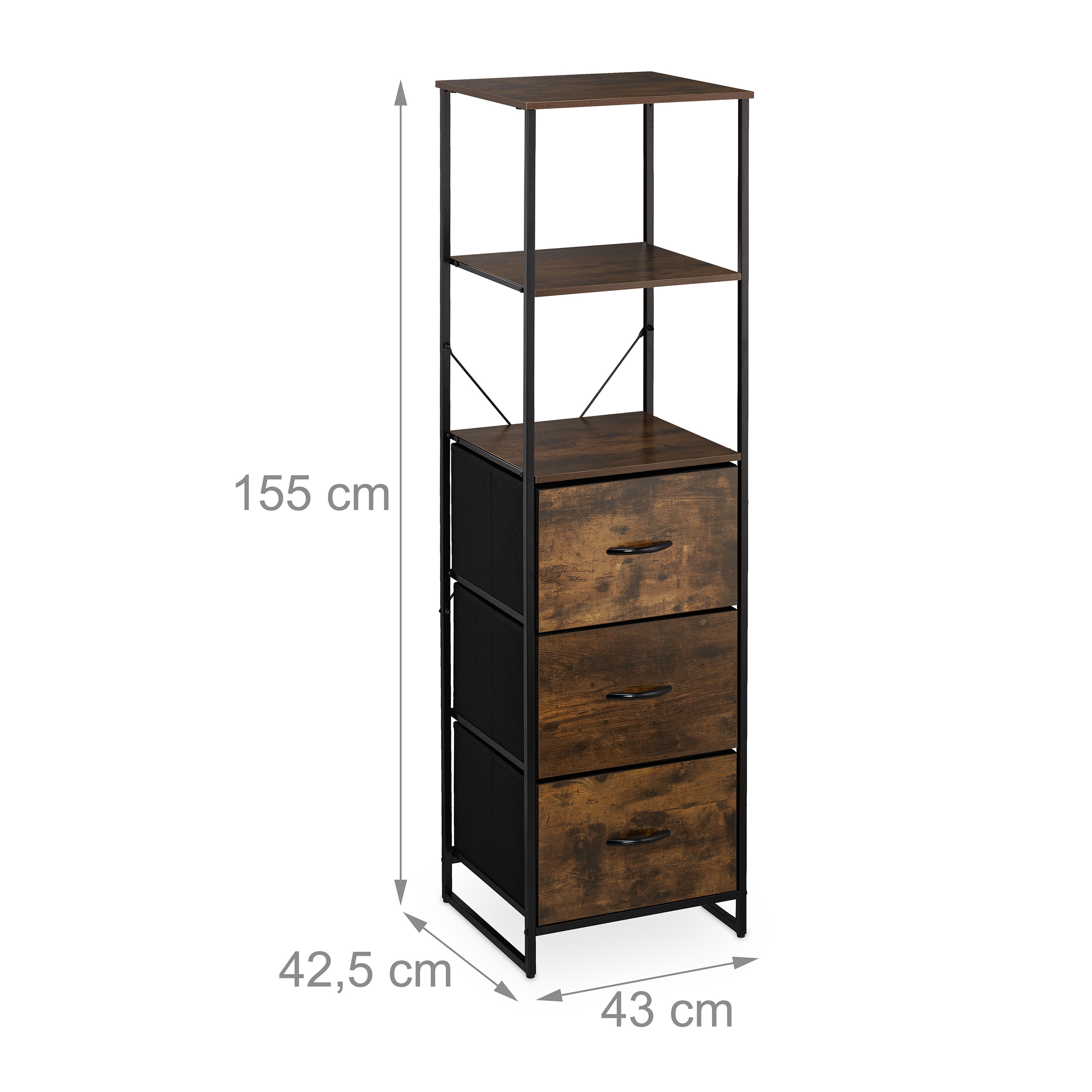 Ein schmales, industrielles Regal mit drei offenen Ablagen und drei Schubladen, Maße: 155x43x42,5 cm.