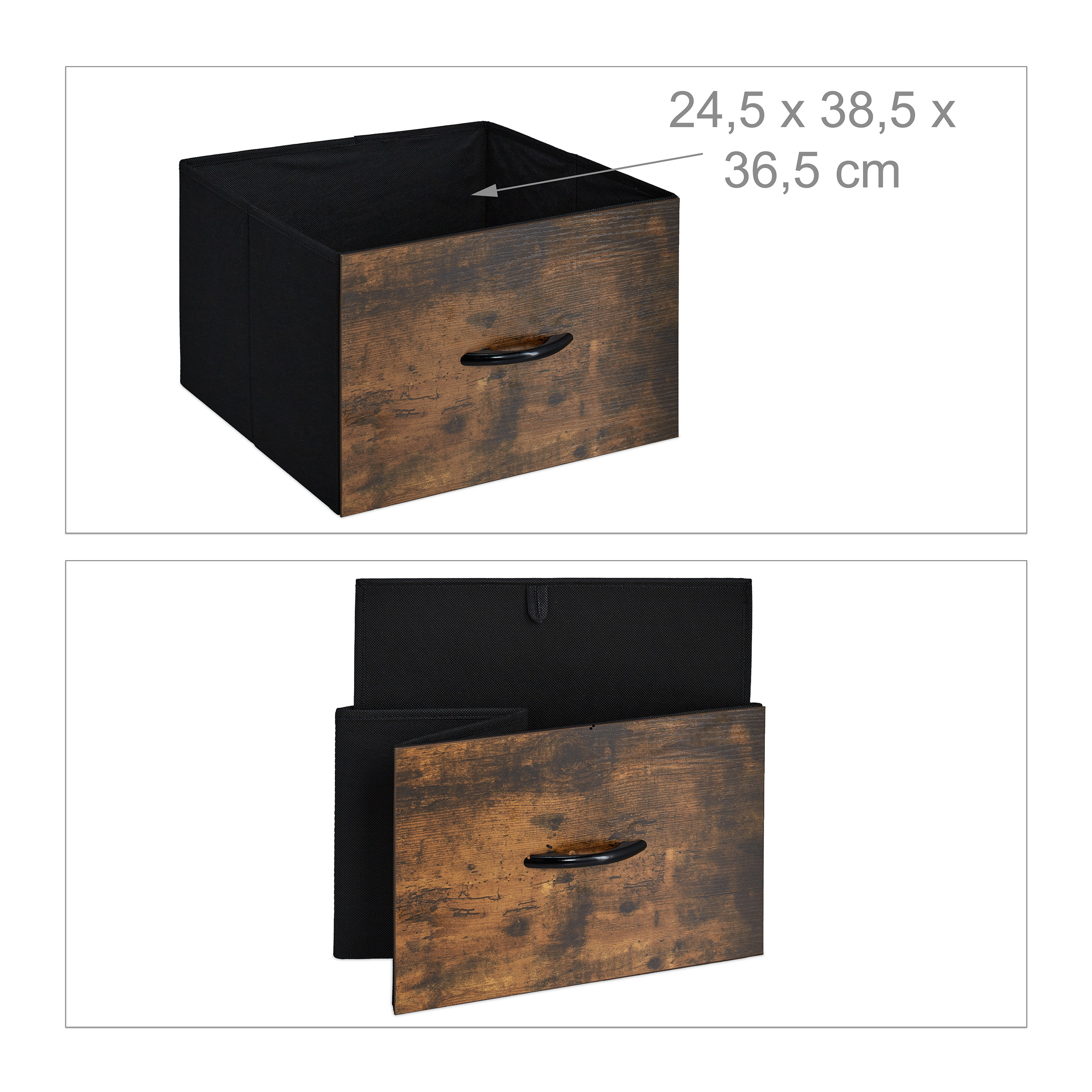 Zwei Bilder einer braunen und schwarzen Aufbewahrungsbox mit Maßen.