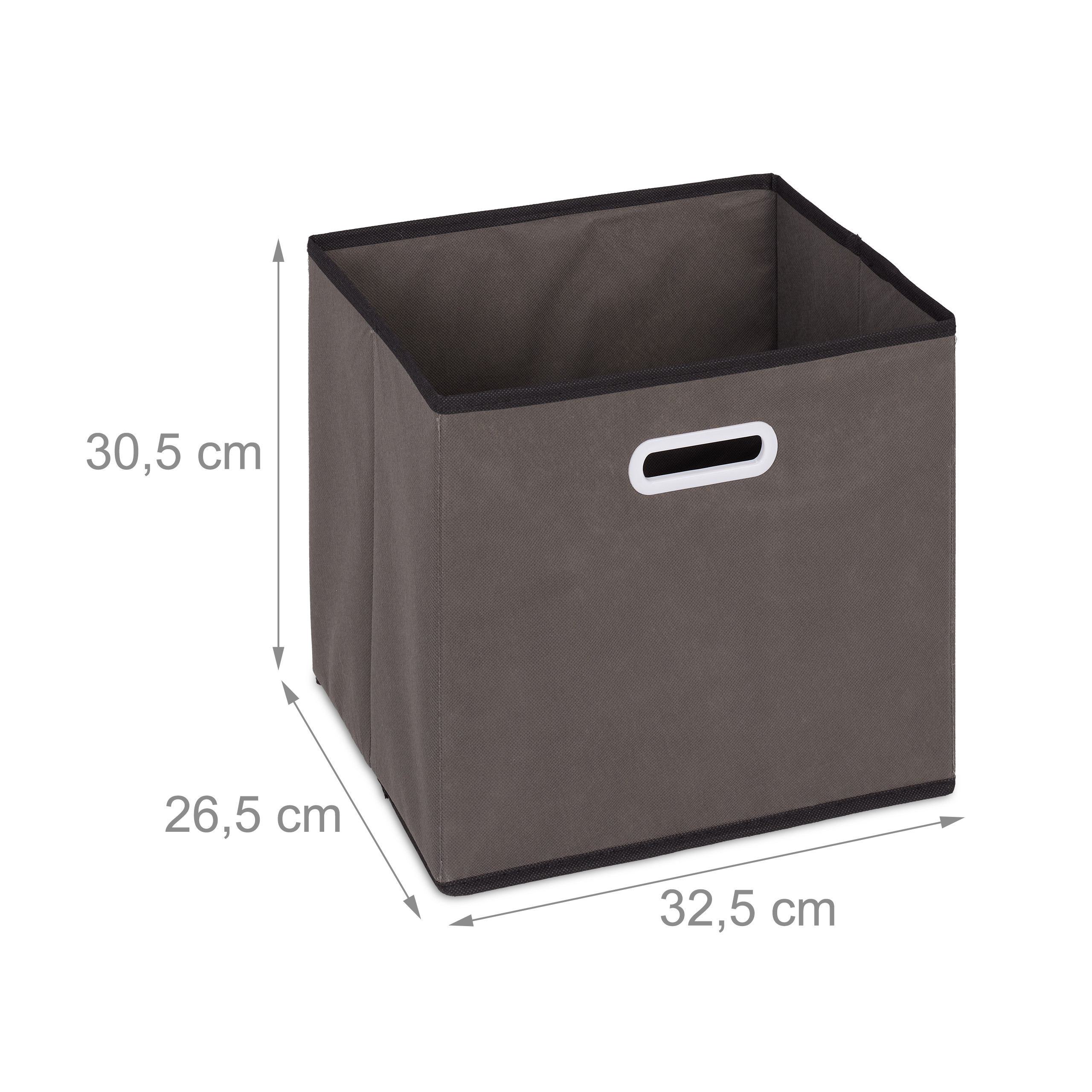 Dunkelgraue Stoff-Faltbox mit Maßen von 32,5 x 26,5 x 30,5 cm und weißem Griff.