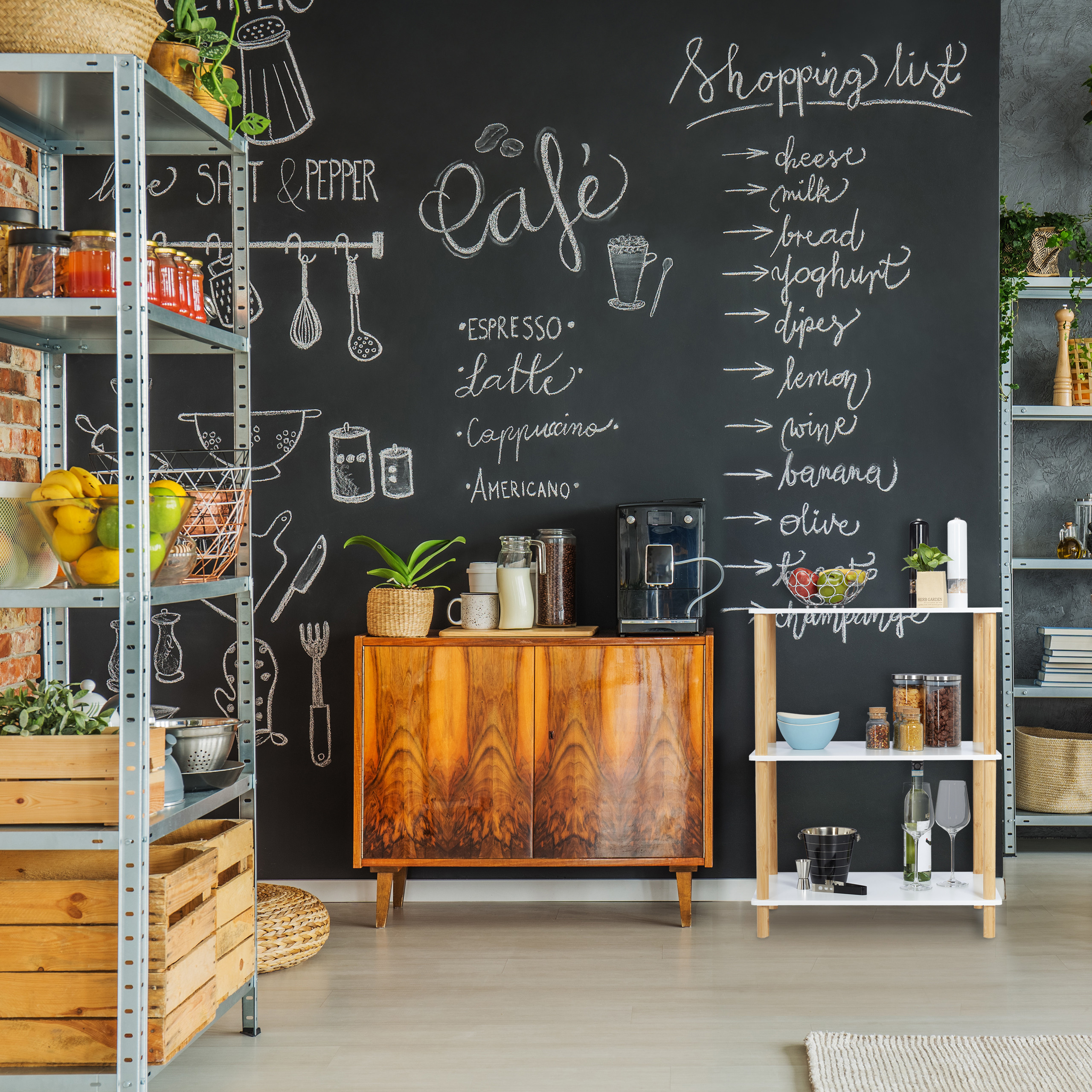 Küche mit schwarzer Schiefertafelwand, Holzkränken und Kaffeestation vor hellem Boden.