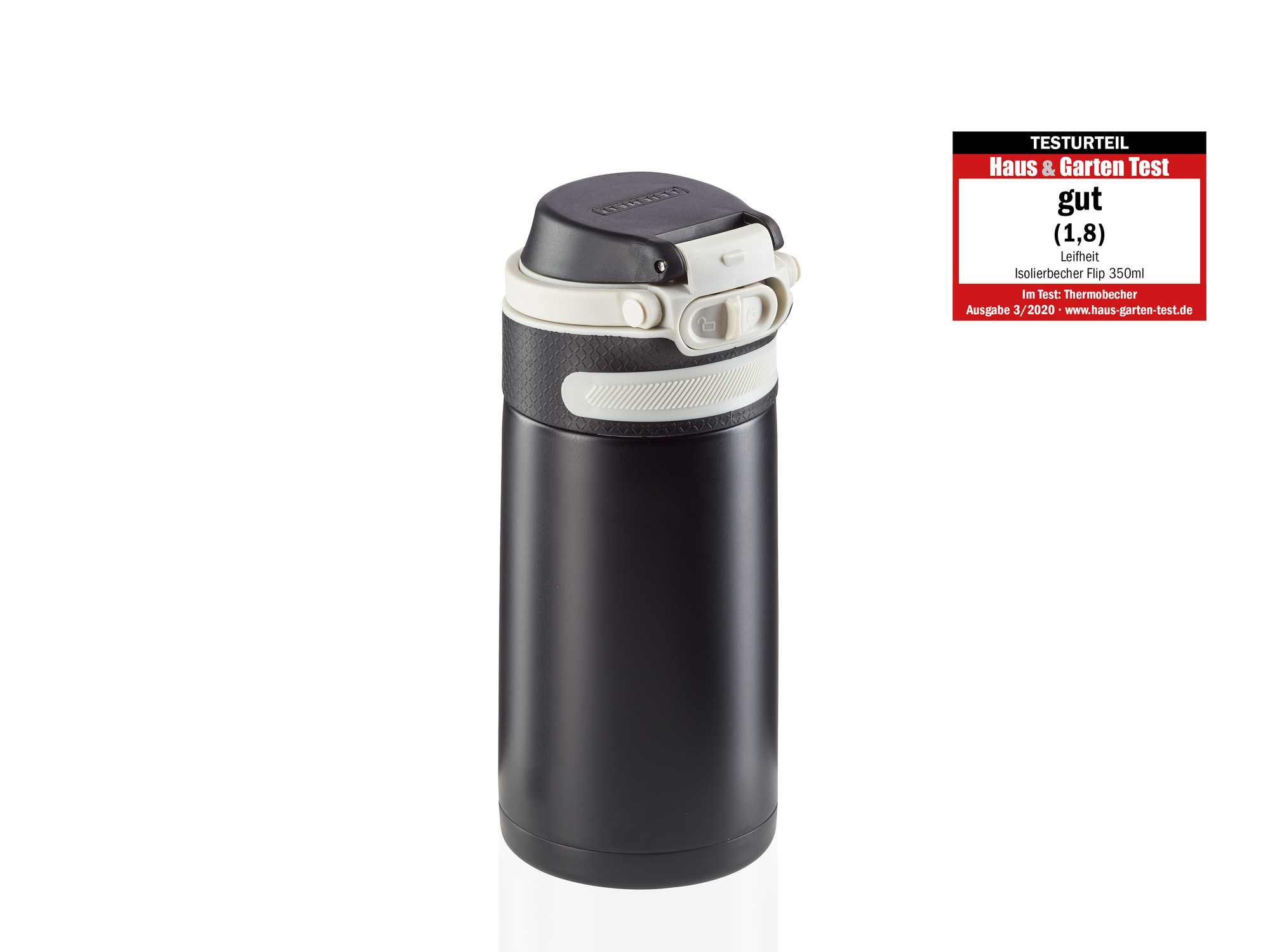 Schwarzer Leifheit Isolierbecher Flip 350ml mit grauem Deckel und Testurteil 'gut'.