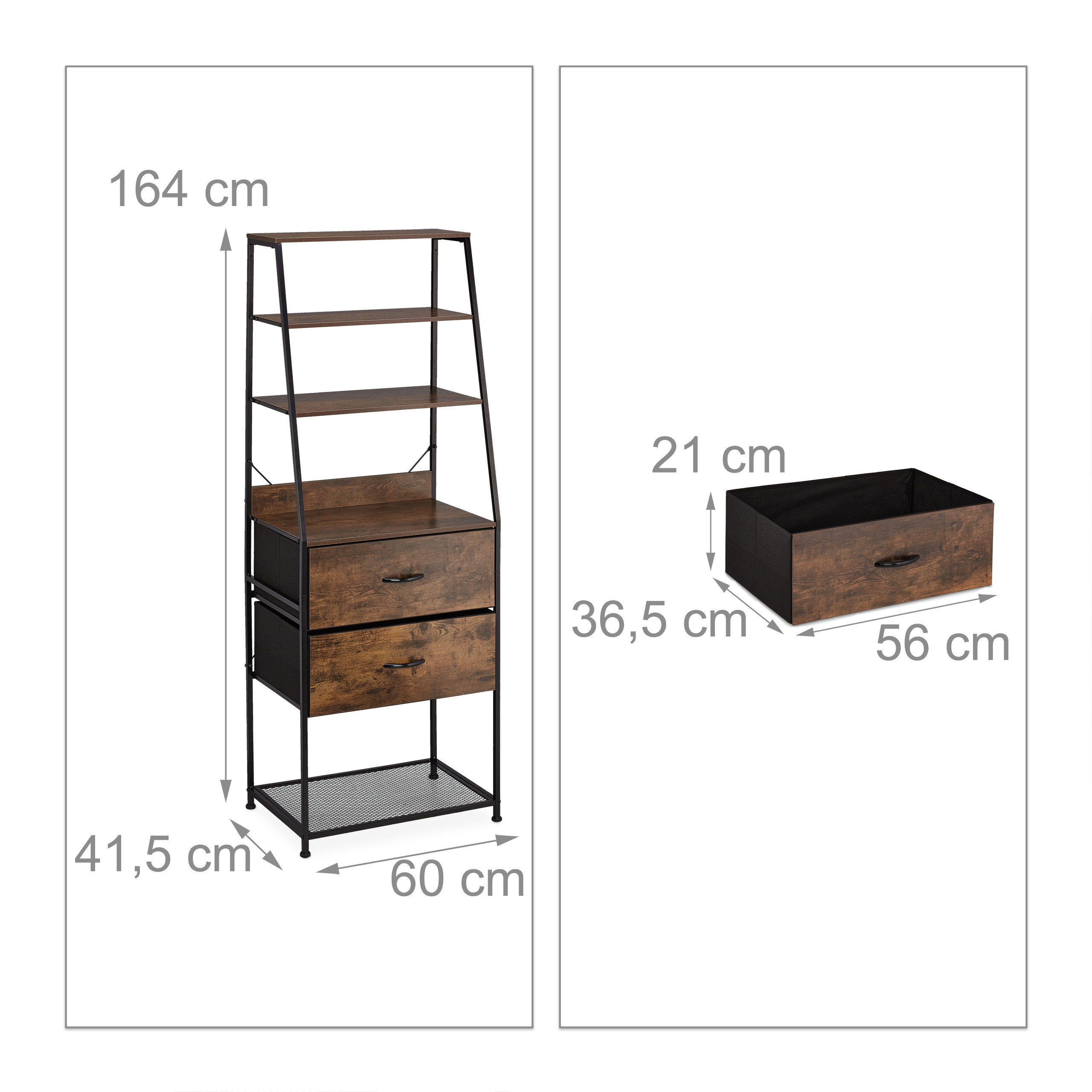 Technische Zeichnung eines Holzregals mit Metallgestell und Schubladen inklusive Maßangaben.