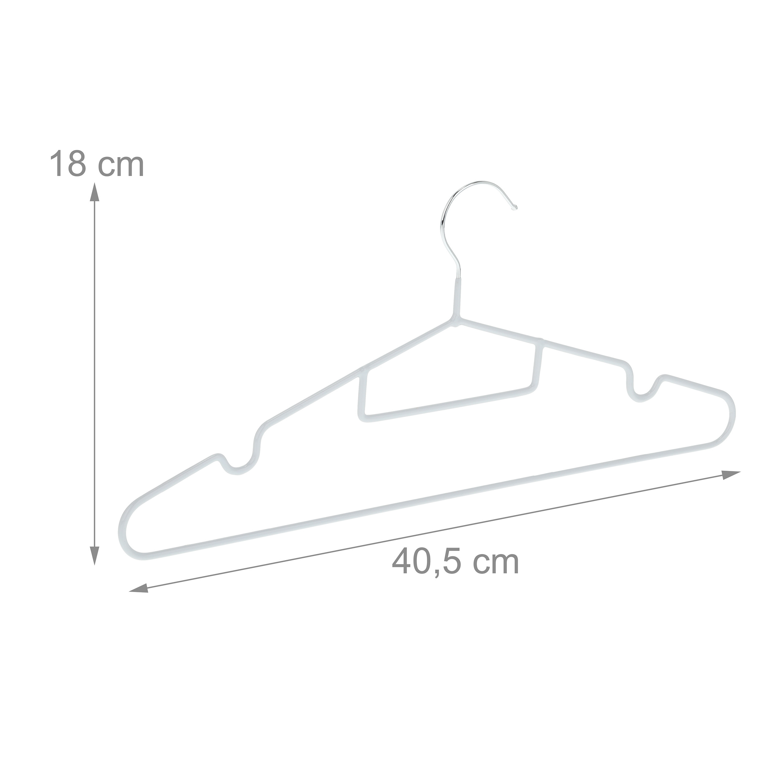 Ein grauer Kleiderbügel mit Maßen von 18 cm Höhe und 40,5 cm Breite auf weißem Hintergrund.