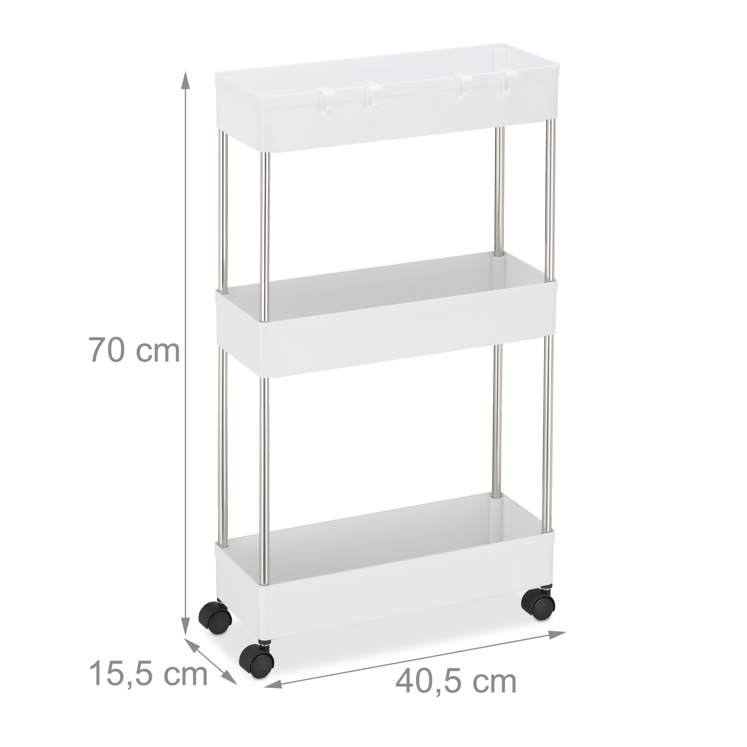 Weisser dreistufiger Rollwagen mit Metallstangen und Massangaben von 70x40,5x15,5 cm.