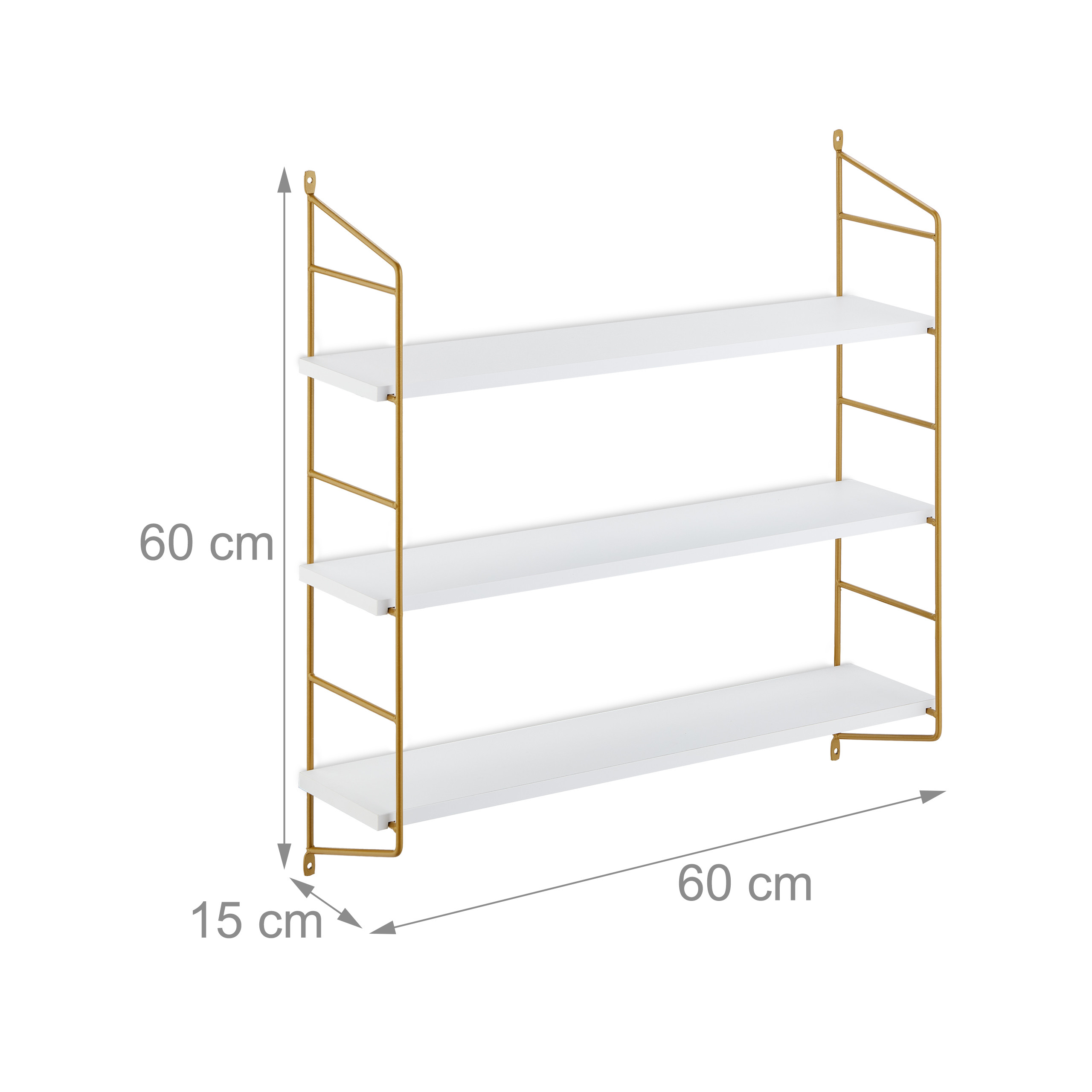 Weißes und goldenes Wandregal mit drei Böden und Maßangaben von 60 cm Höhe, 60 cm Breite und 15 cm Tiefe.