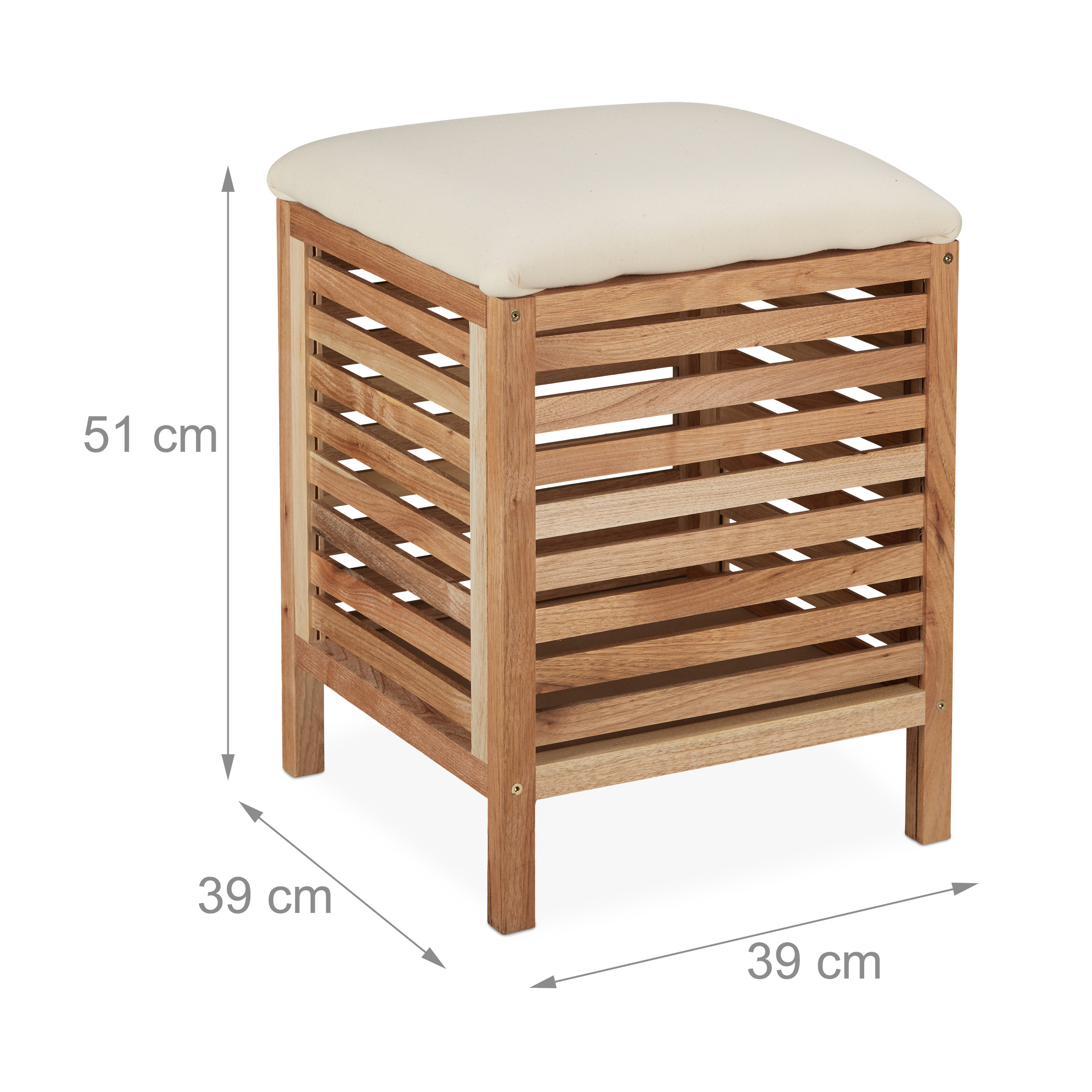 Holzhocker mit beigem Sitzkissen, 51 cm hoch, 39 cm breit und 39 cm tief, mit Abmessungen auf weißem Hintergrund.