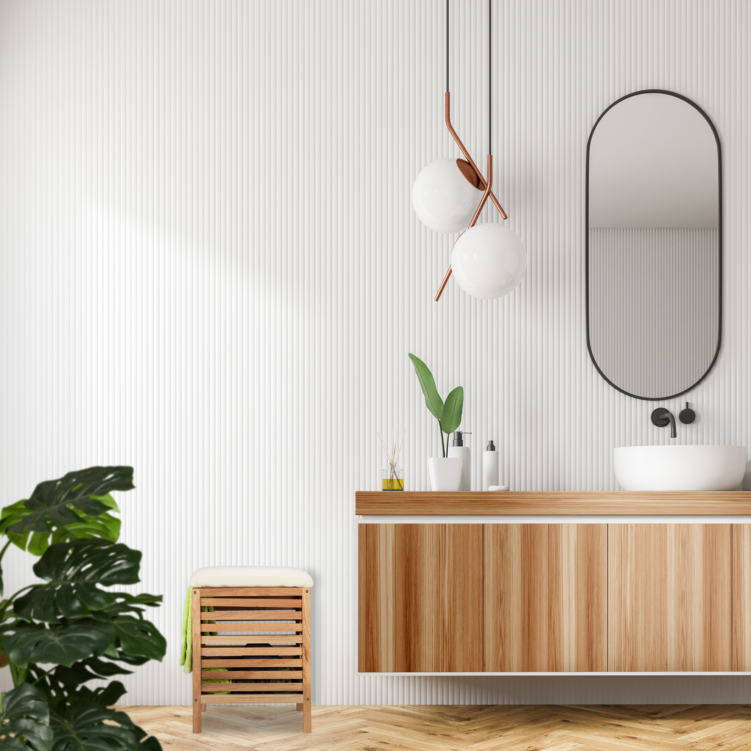 Modernes Badezimmer mit Holzwaschtisch, rundem Spiegel, Pendelleuchten, weiß gerippter Wand und Holzhocker.