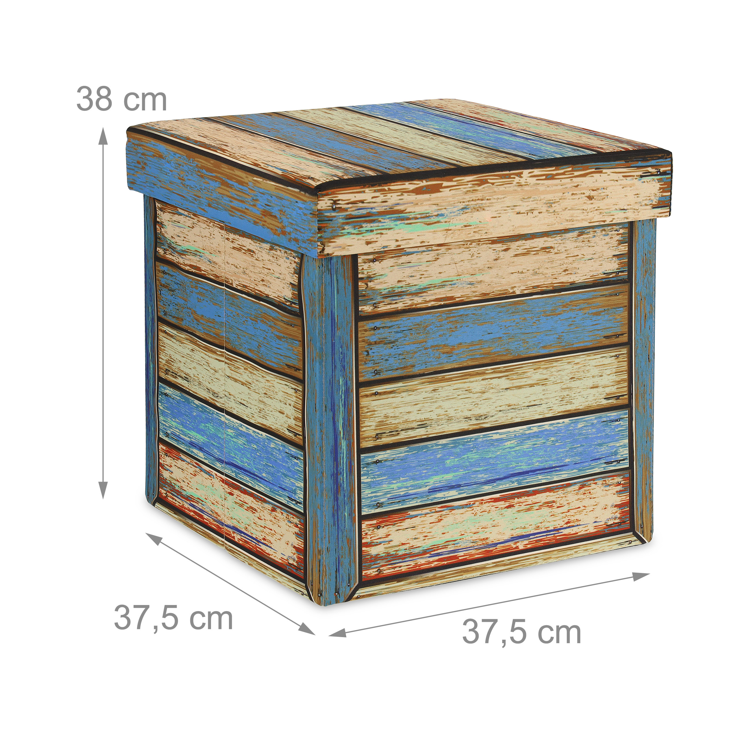 Quadratische Holzkiste im Shabby-Chic-Design mit den Maßen 38 x 37,5 x 37,5 cm.
