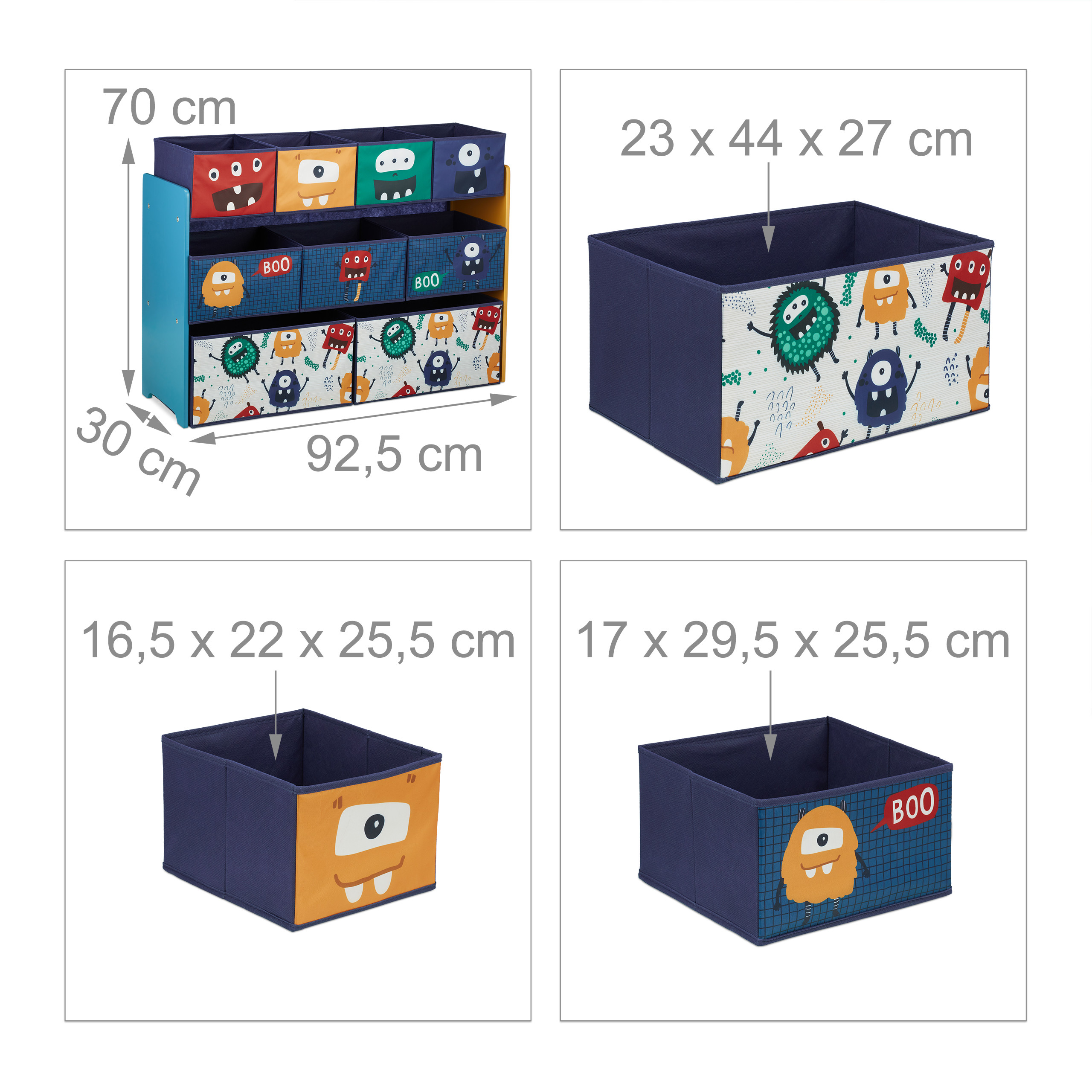 Buntes Kinderspielzeug-Regal mit Stoffboxen, die mit lustigen Monstern verziert sind, samt Maßangaben.