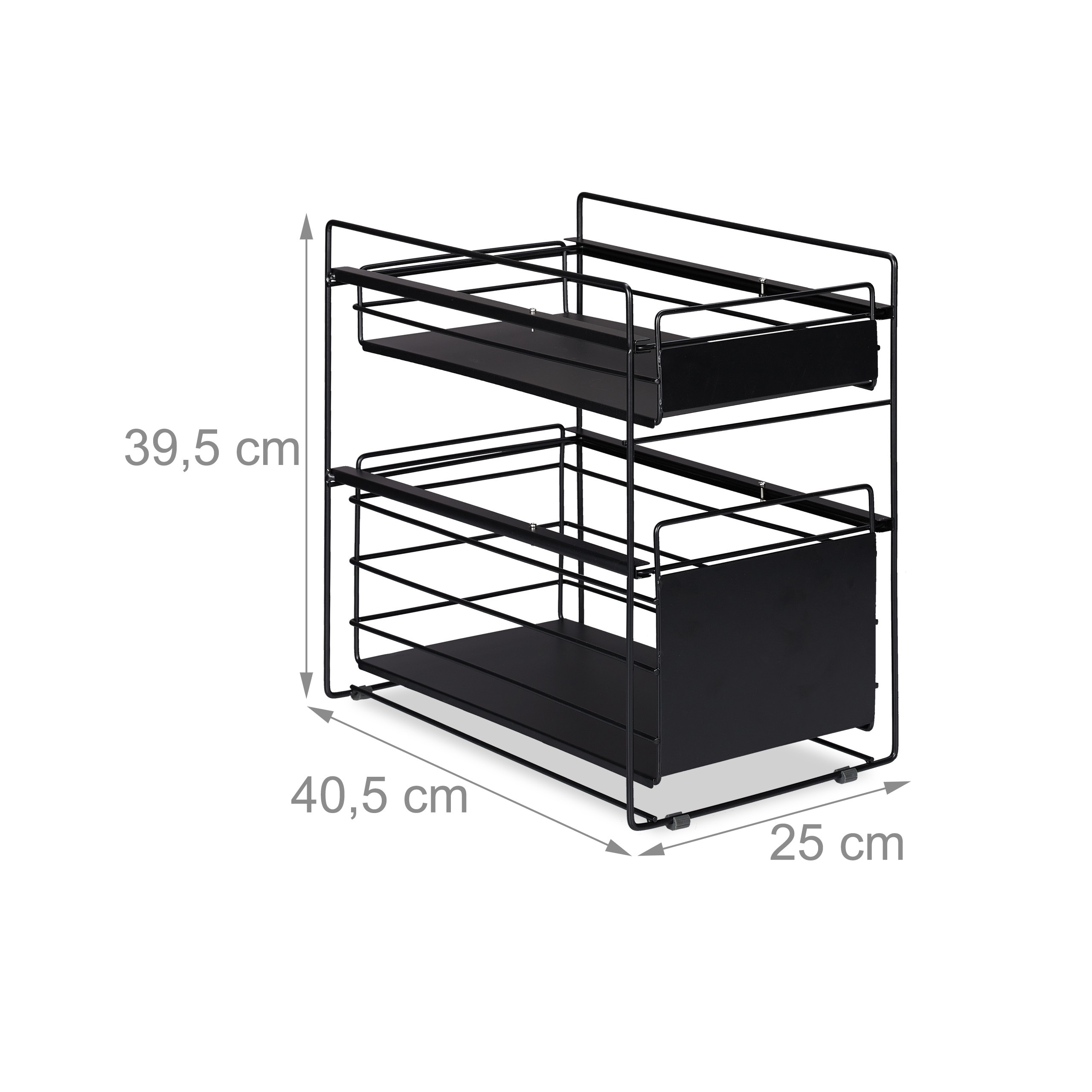 Schwarzes zweistöckiges Metall-Regal mit Maßen 39,5x40,5x25 cm vor weißem Hintergrund.