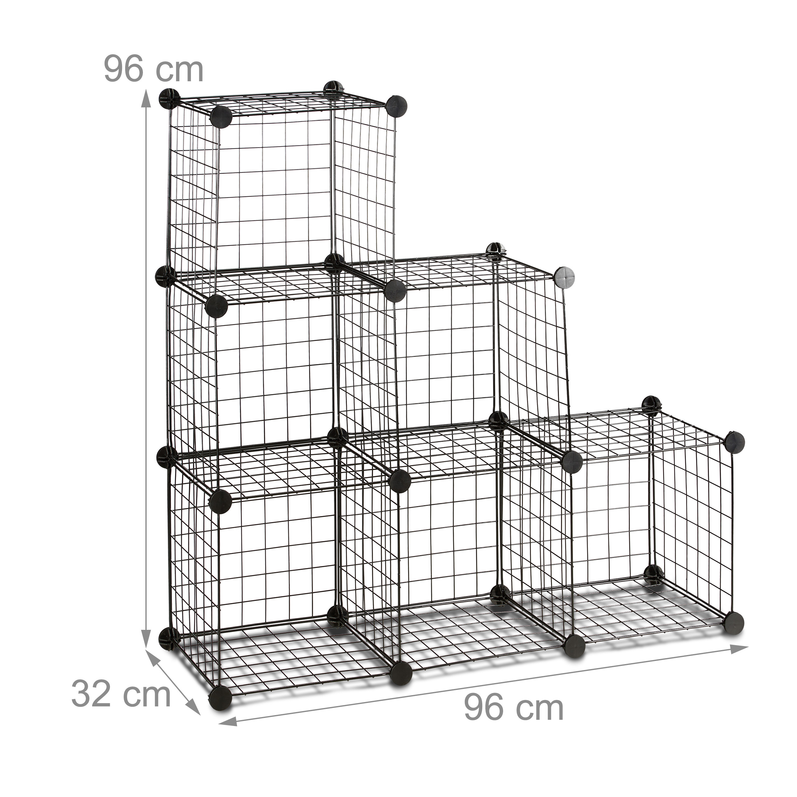 Schwarzes Drahtgitter-Regal mit Maßen von 96x96x32 cm.