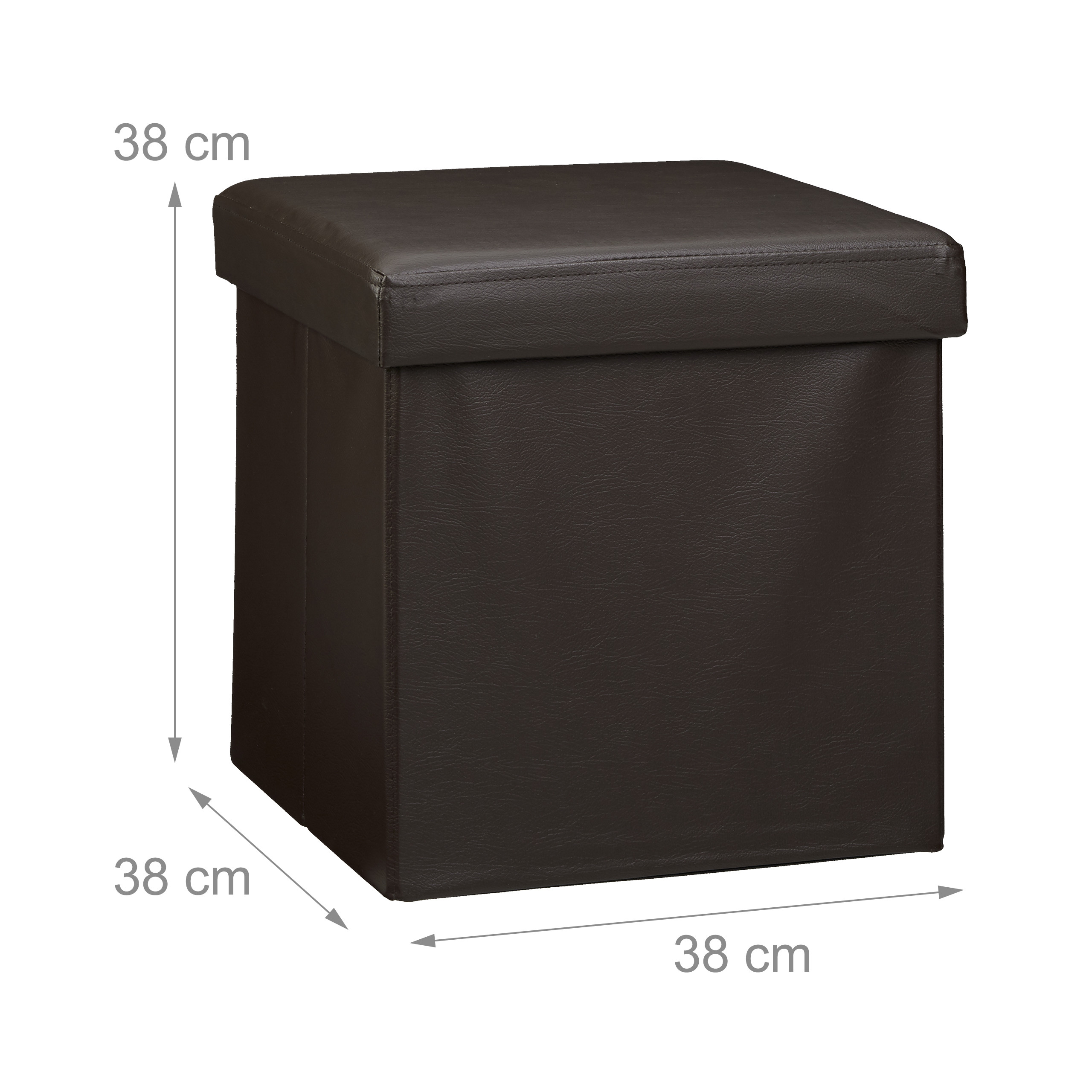 Dunkelbrauner Hocker mit den Maßen 38 x 38 x 38 cm auf weißem Hintergrund.
