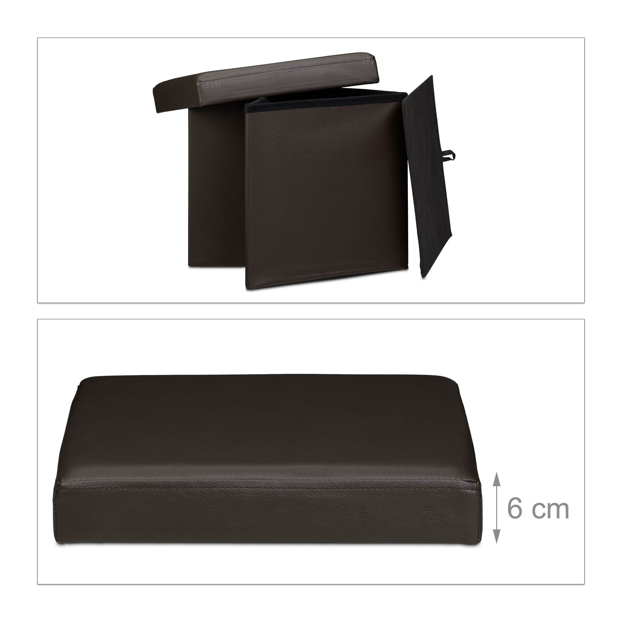 Braune Falthocker-Box mit Deckel, im gefalteten Zustand 6 cm hoch.