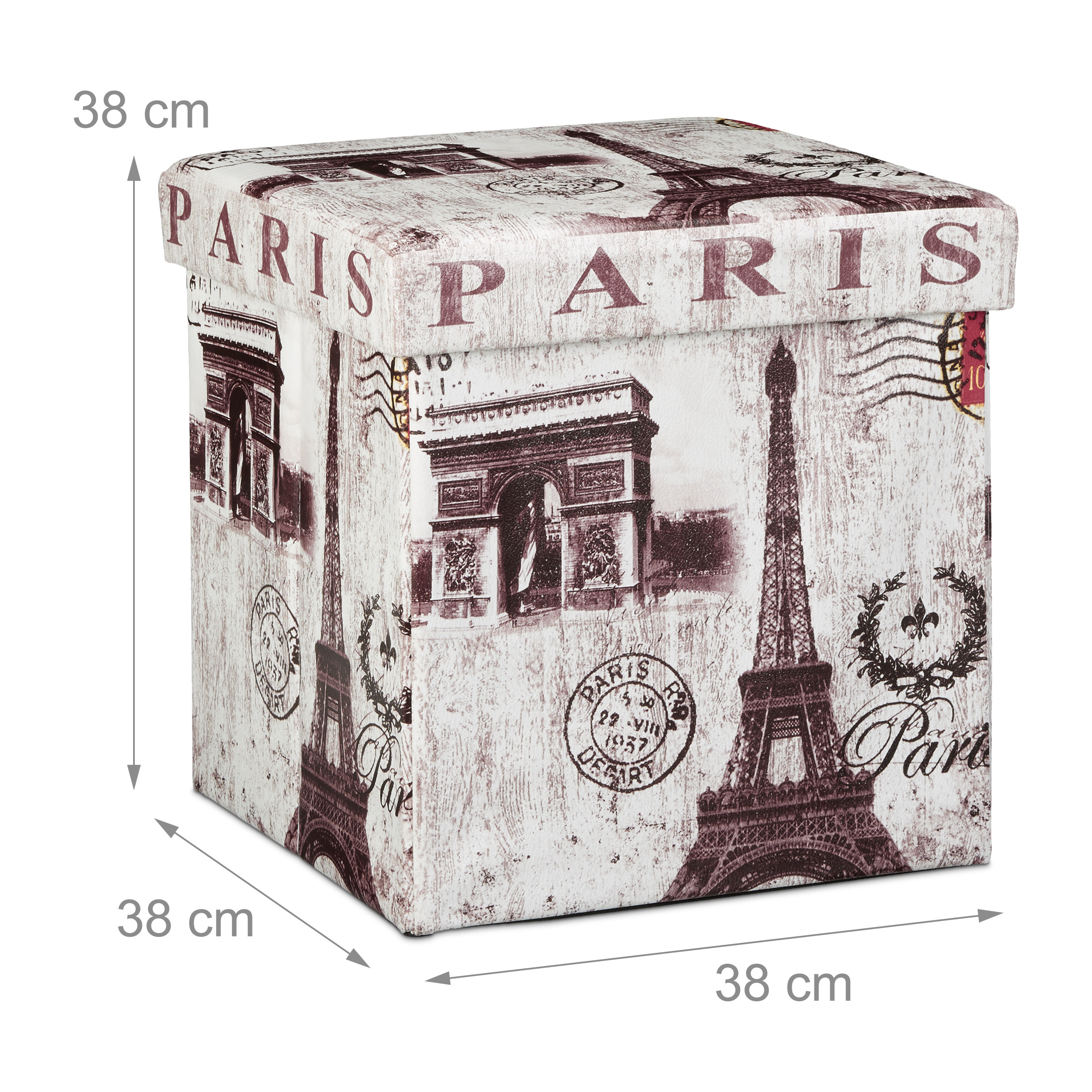 Ein quadratischer Paris-Hocker mit 38 cm Kantenlänge und Aufdrucken von Eiffelturm und Triumphbogen.