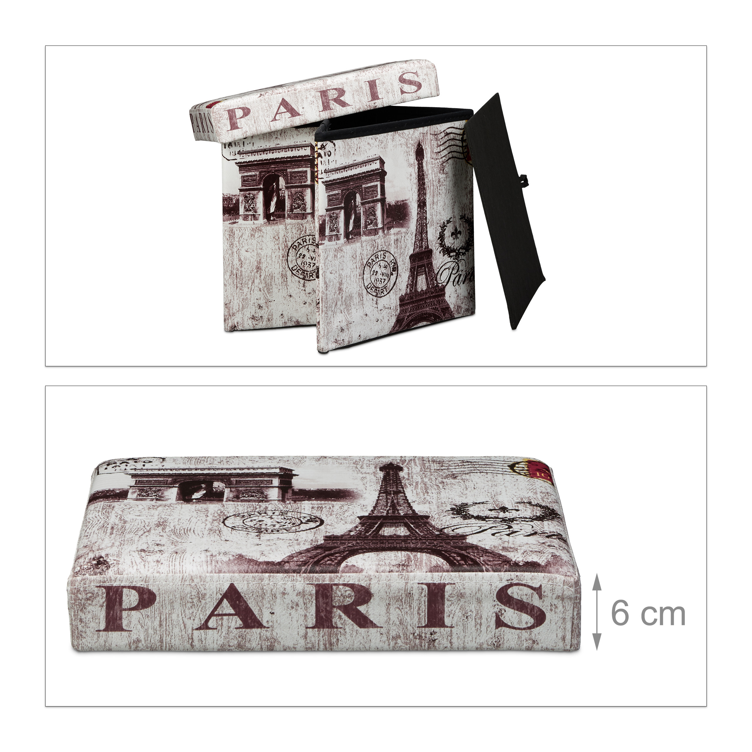 Faltbarer Hocker mit Paris-Motiven und Aufbewahrungsbox, unten zusammengeklappt.