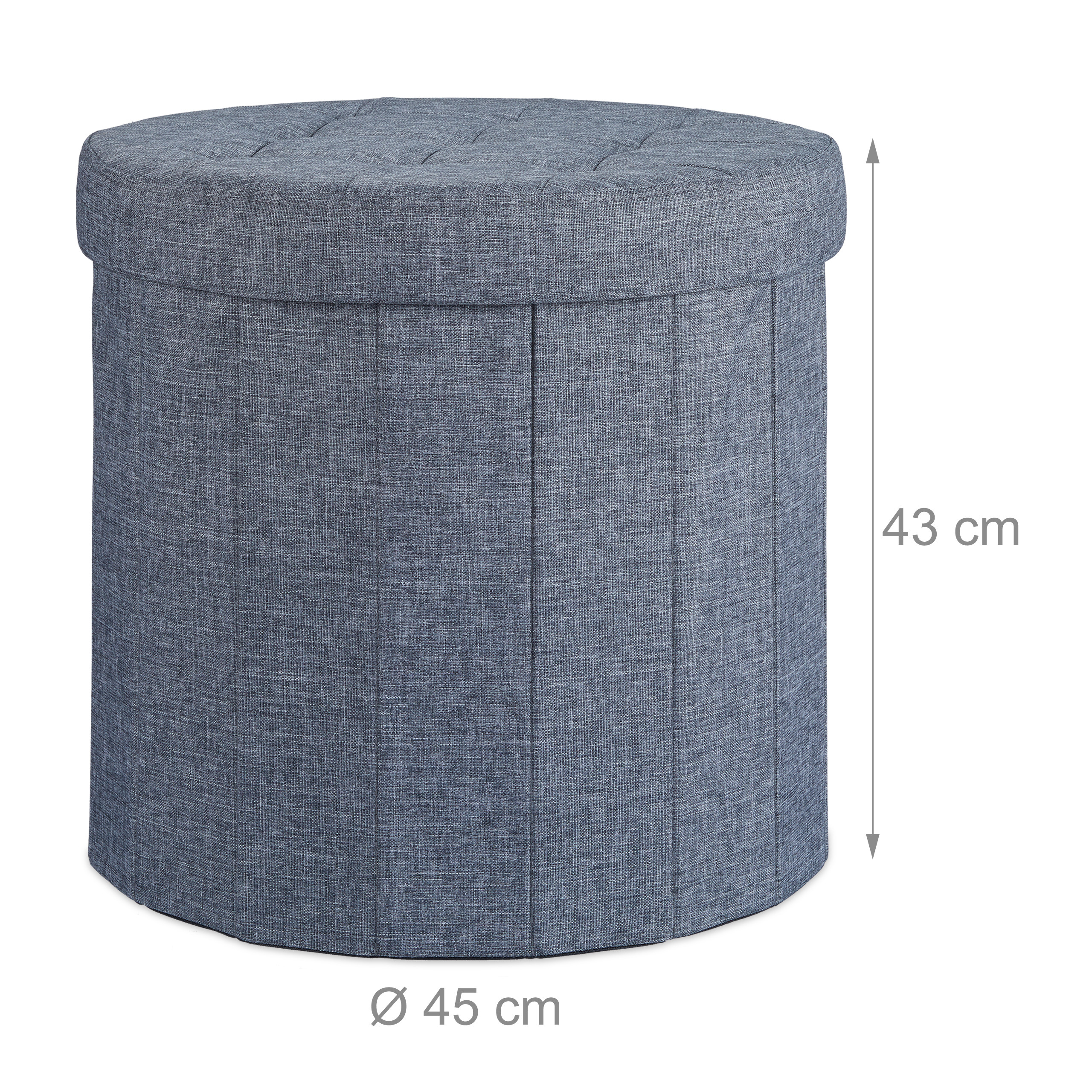 Runder grauer Polsterhocker mit Stauraum, 43 cm hoch und 45 cm im Durchmesser.
