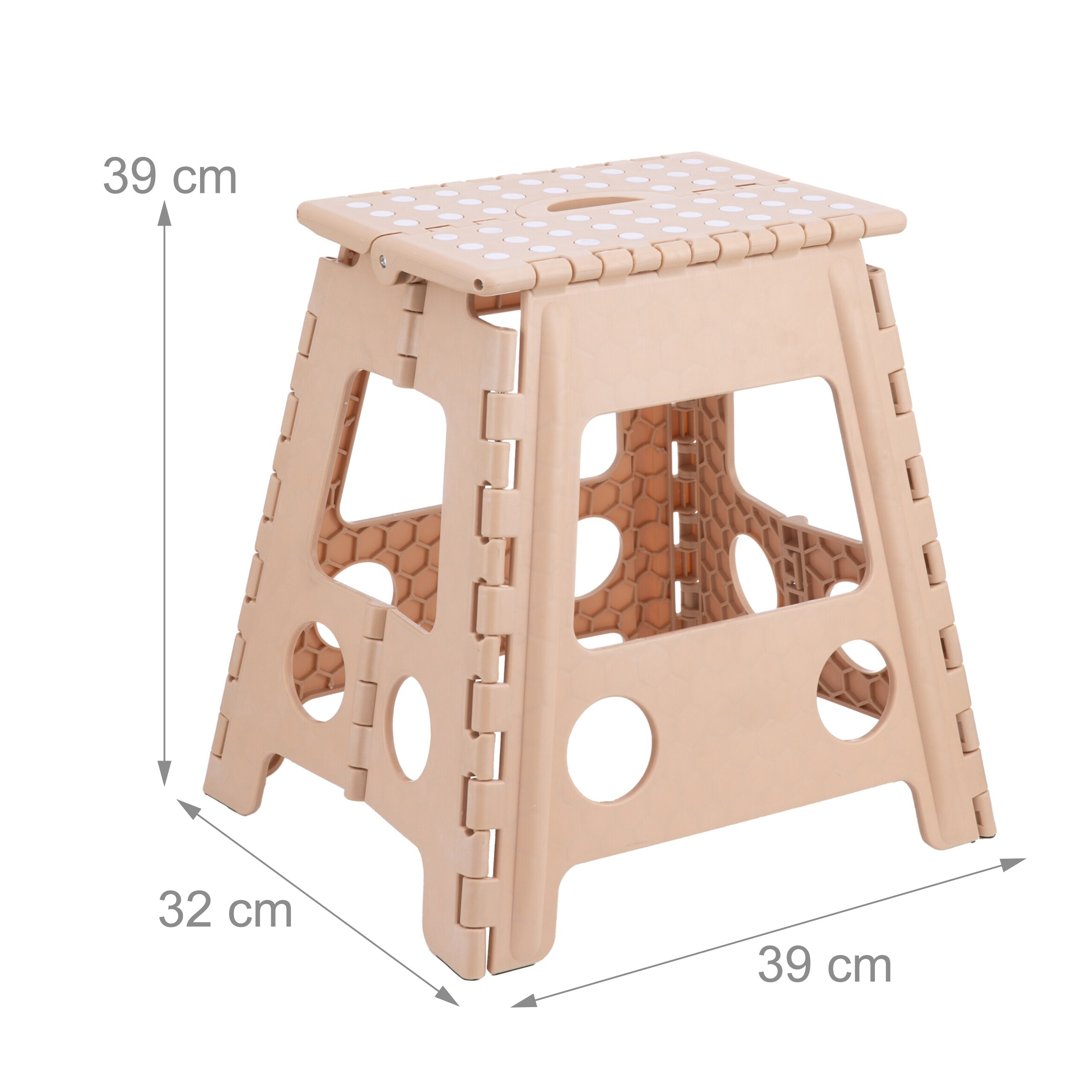 Beige Klapptrittleiter mit den Maßen 39 cm Höhe, 32 cm Breite und 39 cm Länge vor weißem Hintergrund.