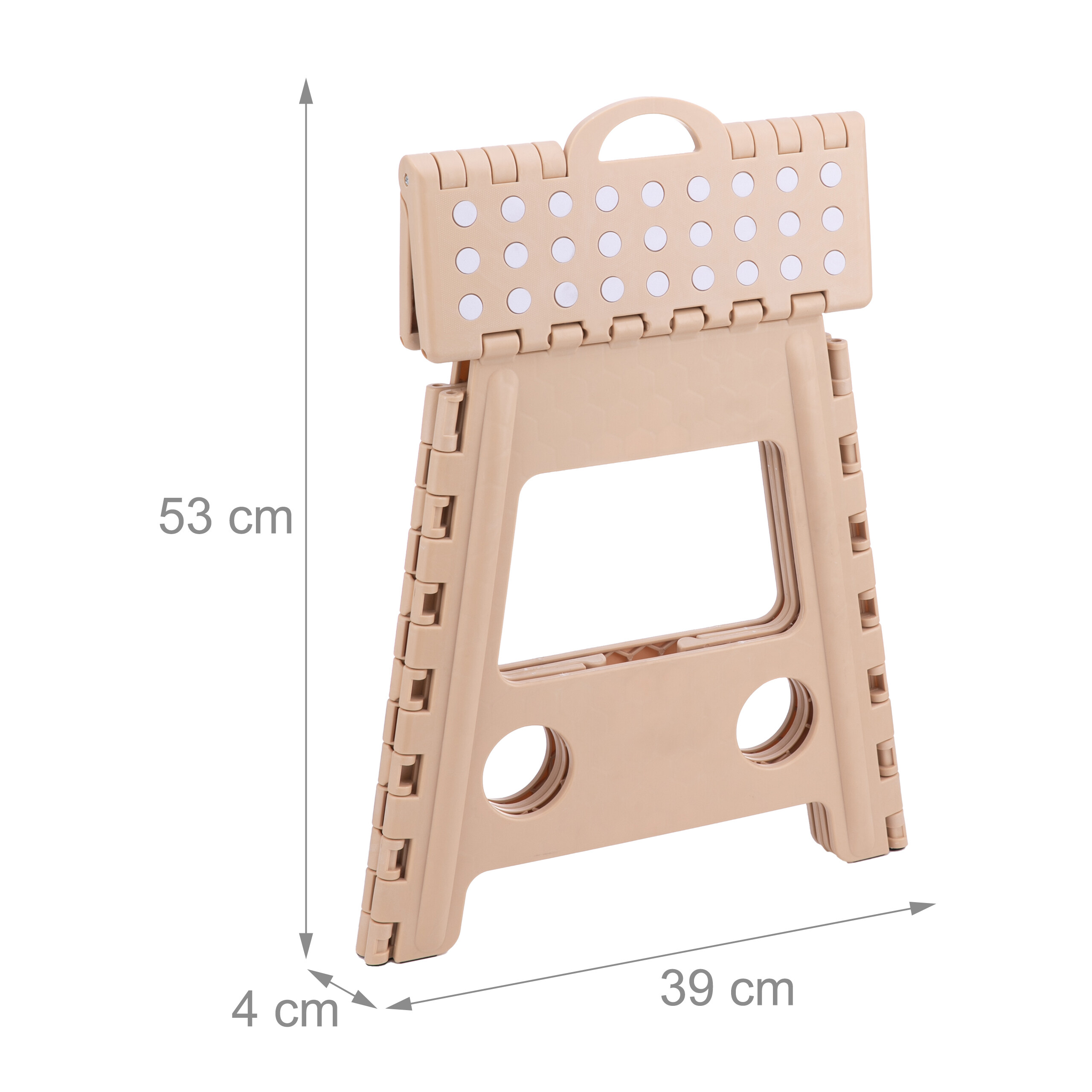 Ein beiger, klappbarer Trittsitz mit den Maßen 53 cm Höhe, 39 cm Breite und 4 cm Dicke vor einem weißen Hintergrund.