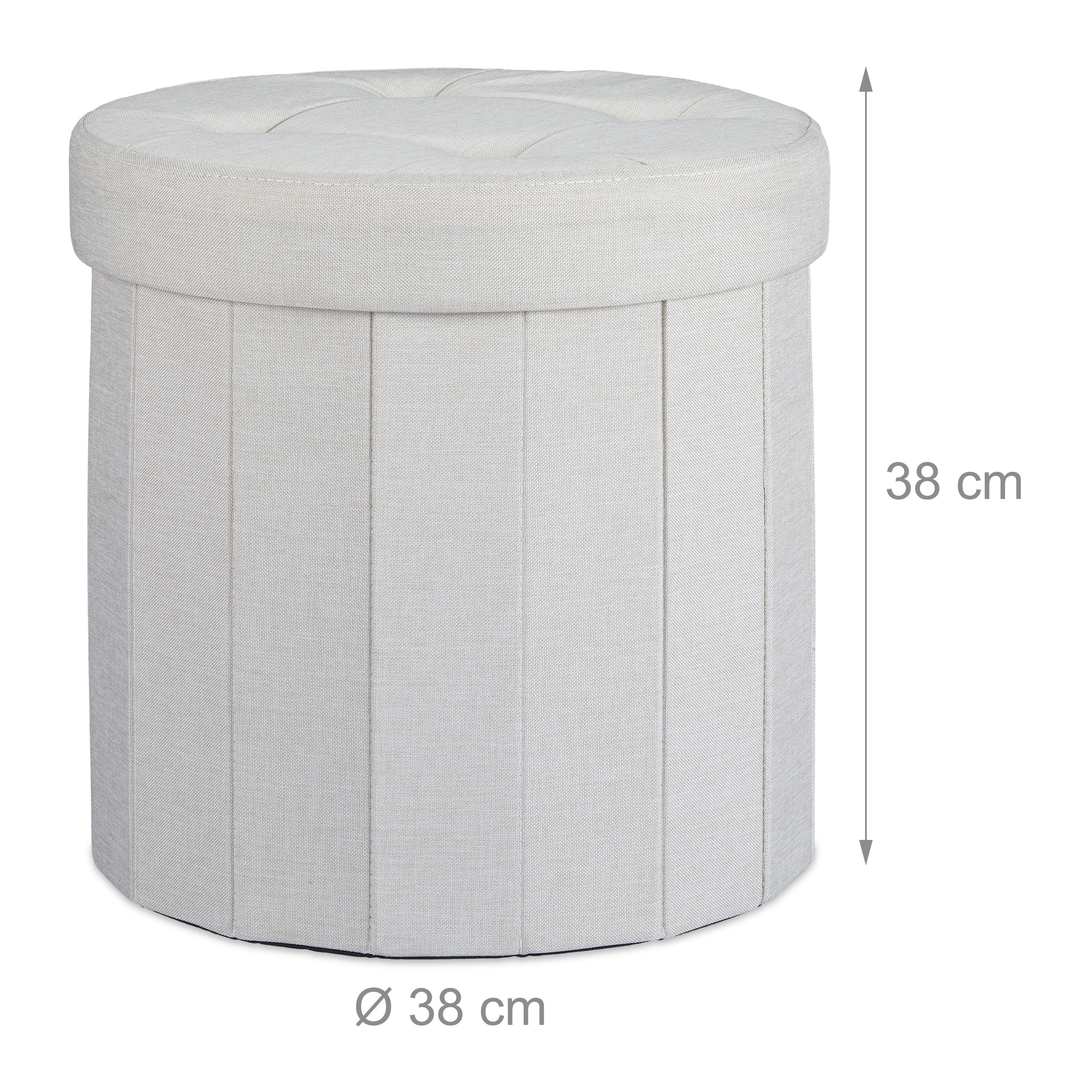 Beiger Stoffhocker mit Tufting, 38 cm Durchmesser und 38 cm Höhe.
