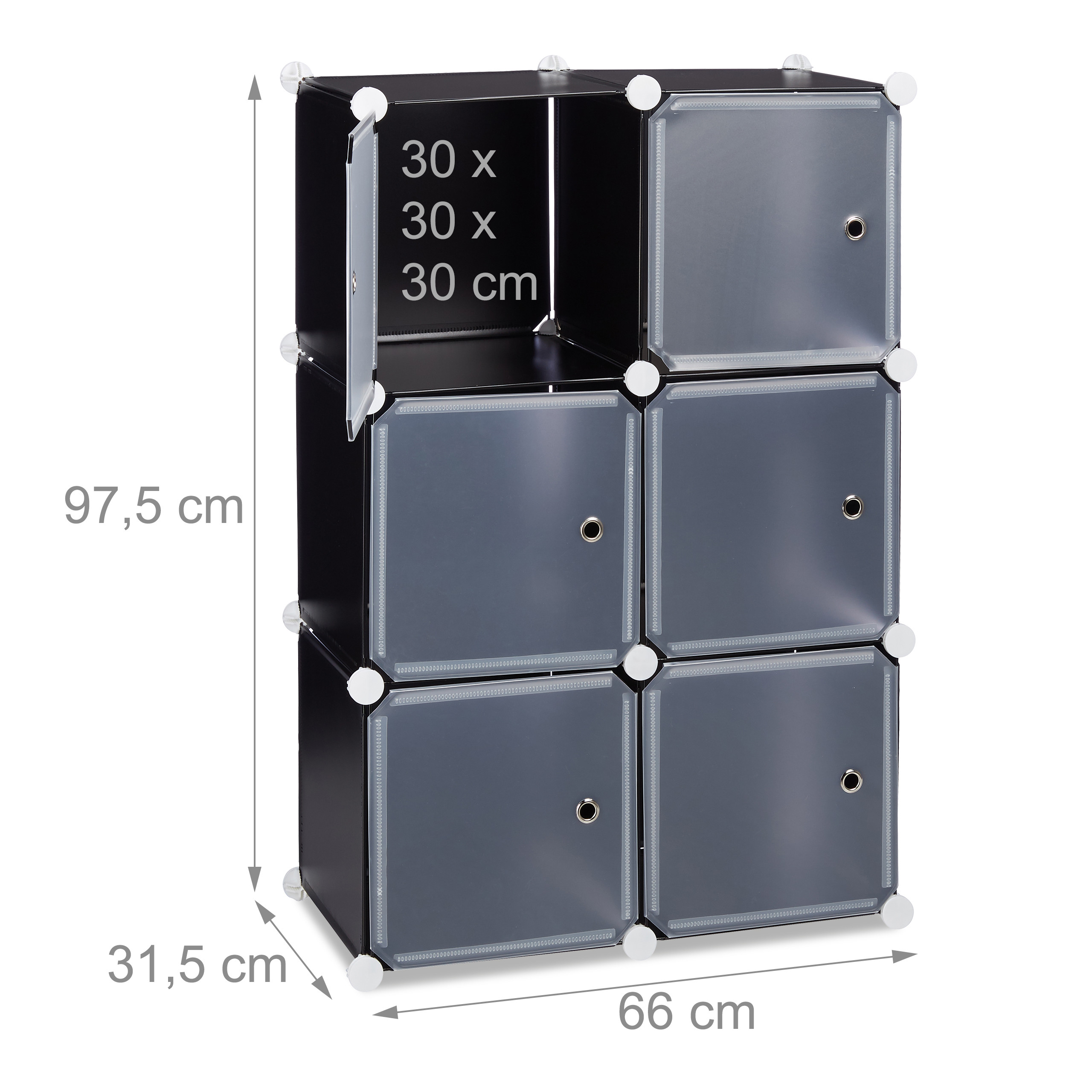 Modulares schwarzes Kunststoff-Regal mit sechs Fächern und Maßangaben.