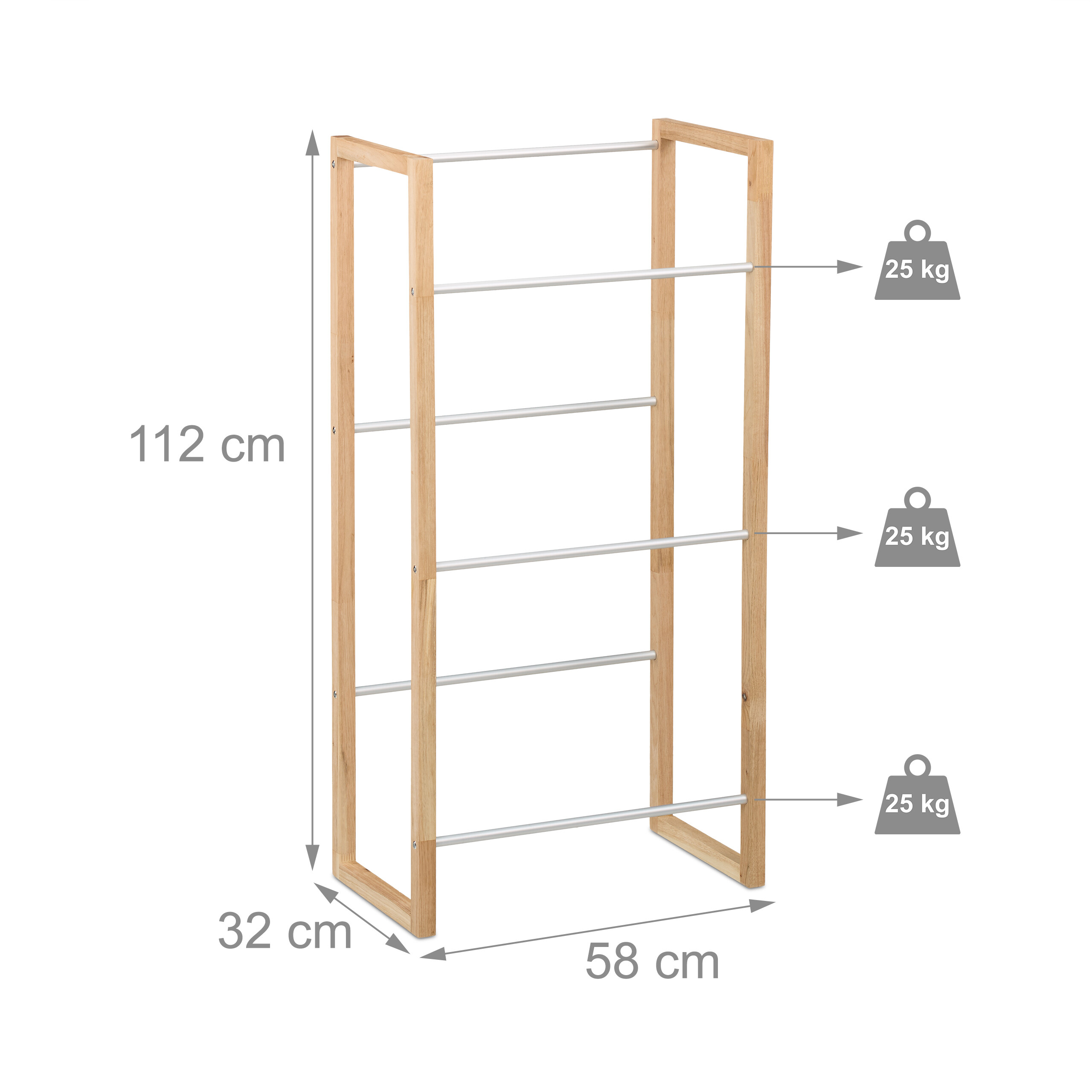 Holzregal mit sechs Regalböden, Abmessungen 112x58x32 cm, Tragkraft 25 kg.