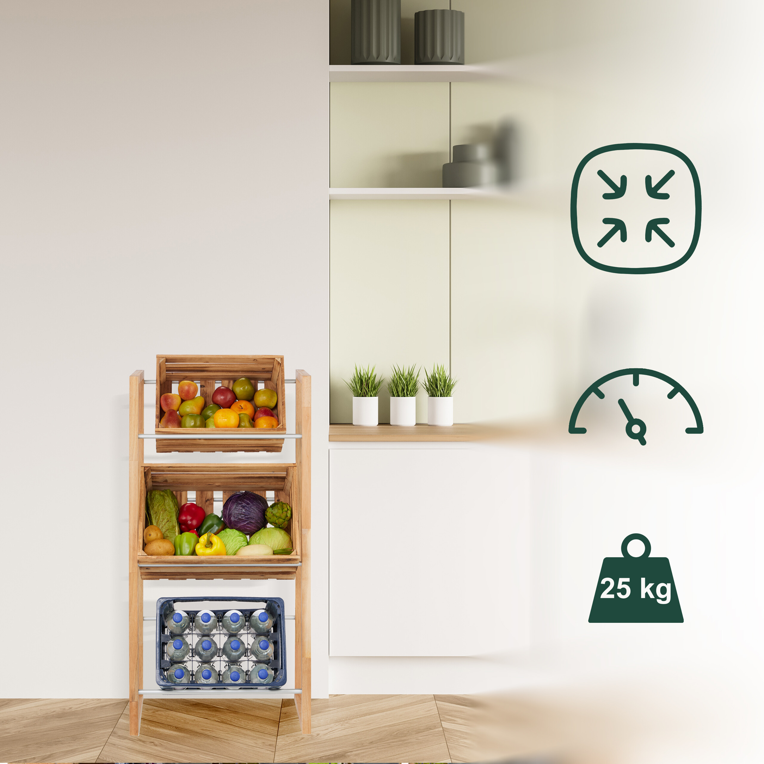 Ein Holzregal mit Obst, Gemüse und Wasserflaschen vor einer weißen Wand mit Symbolen.