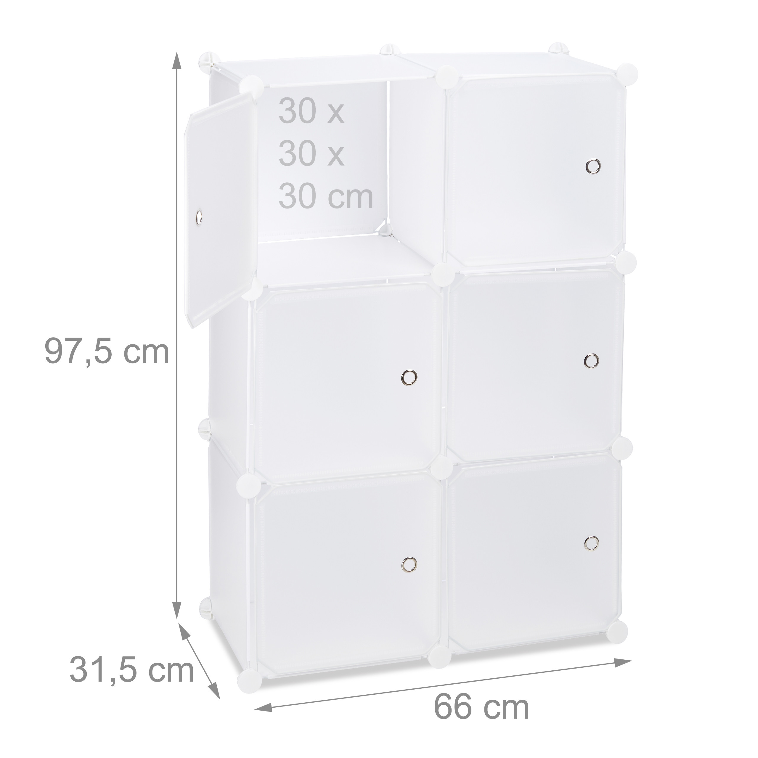 Weißes modulares Steckregal mit sechs Fächern und Maßangaben.