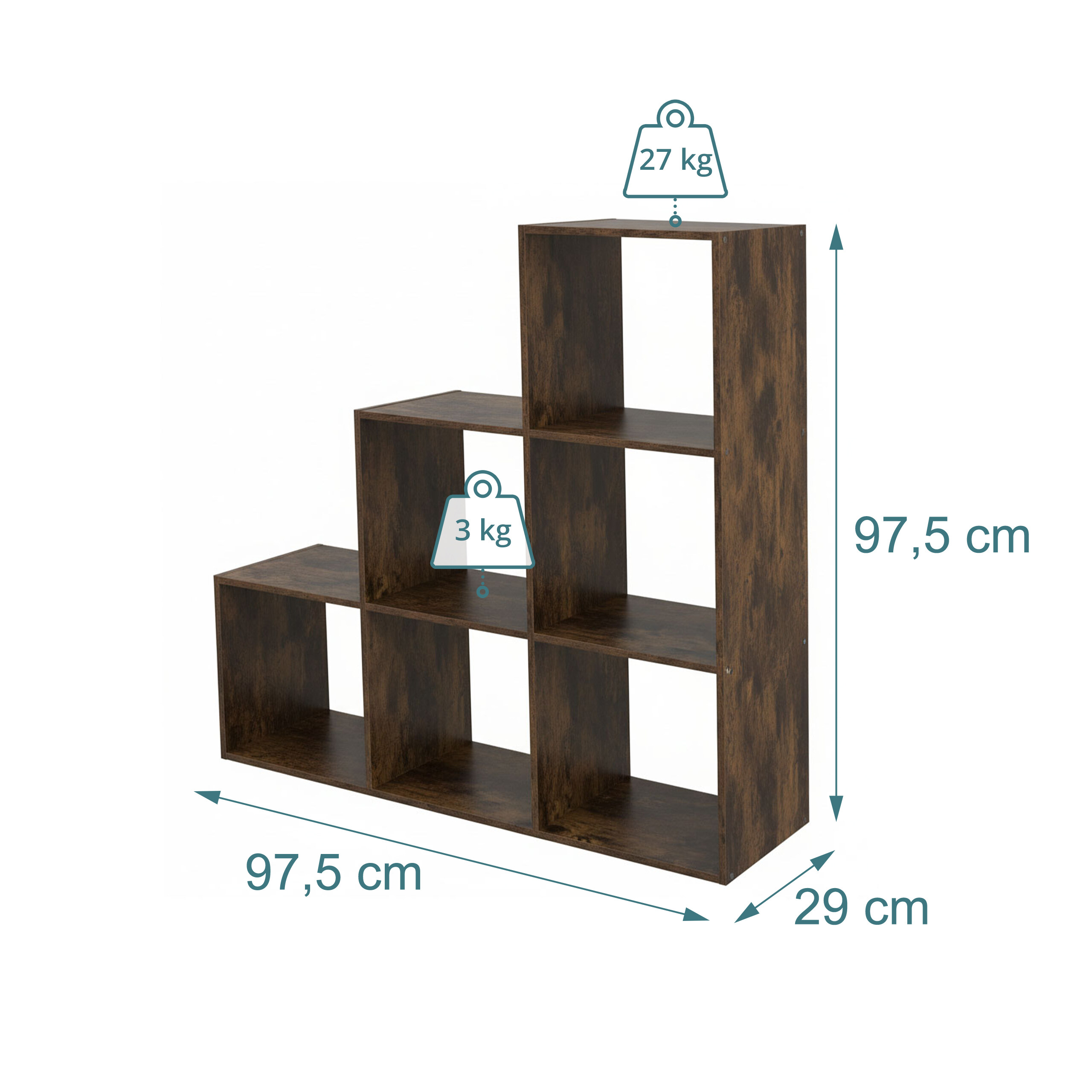 Stufenweises dunkles Holzregal mit sechs Fächern, Abmessungen 97,5x97,5x29 cm und Gewichtsangaben.