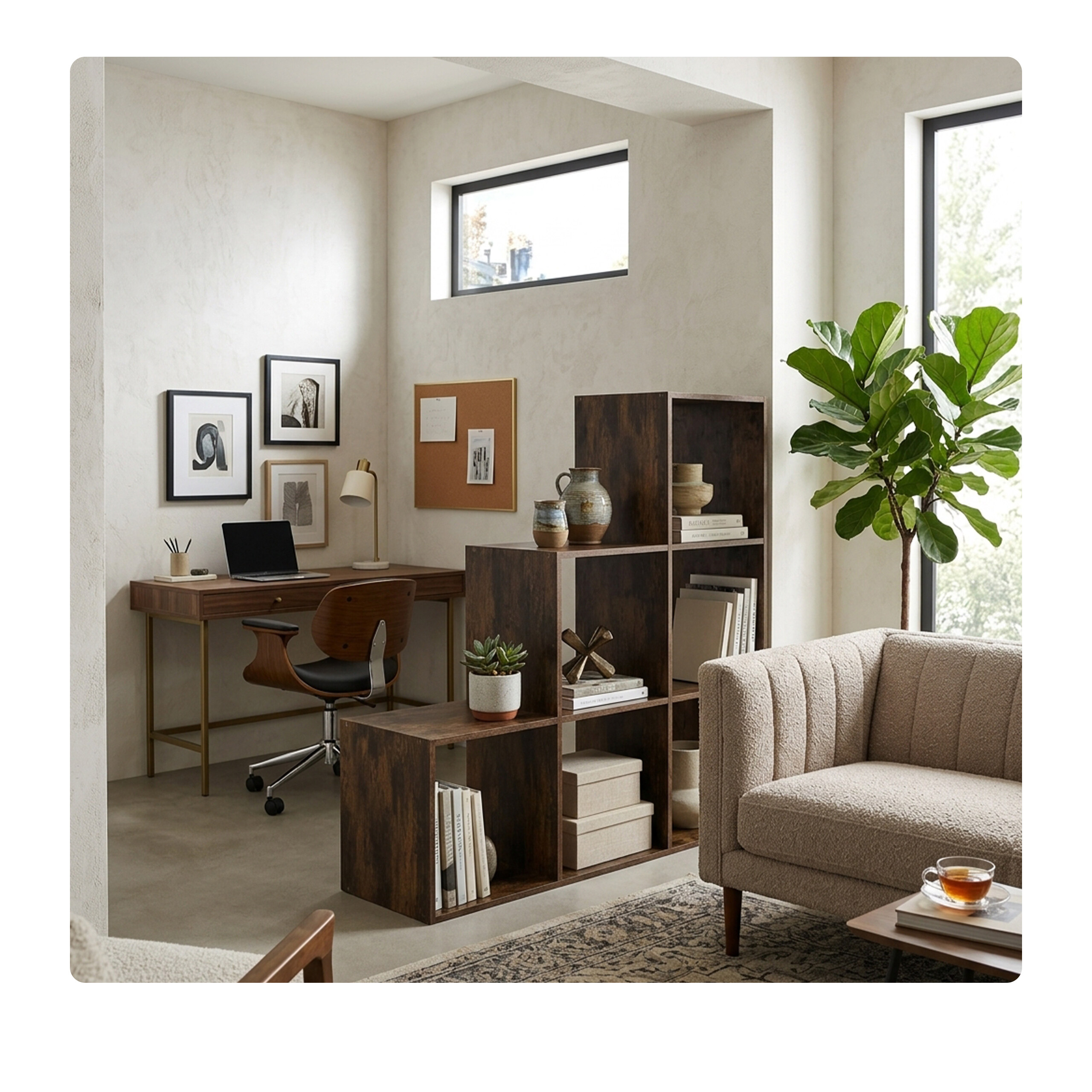 Moderne Raumgestaltung mit Schreibtisch, Trennregal und hellem Sessel.