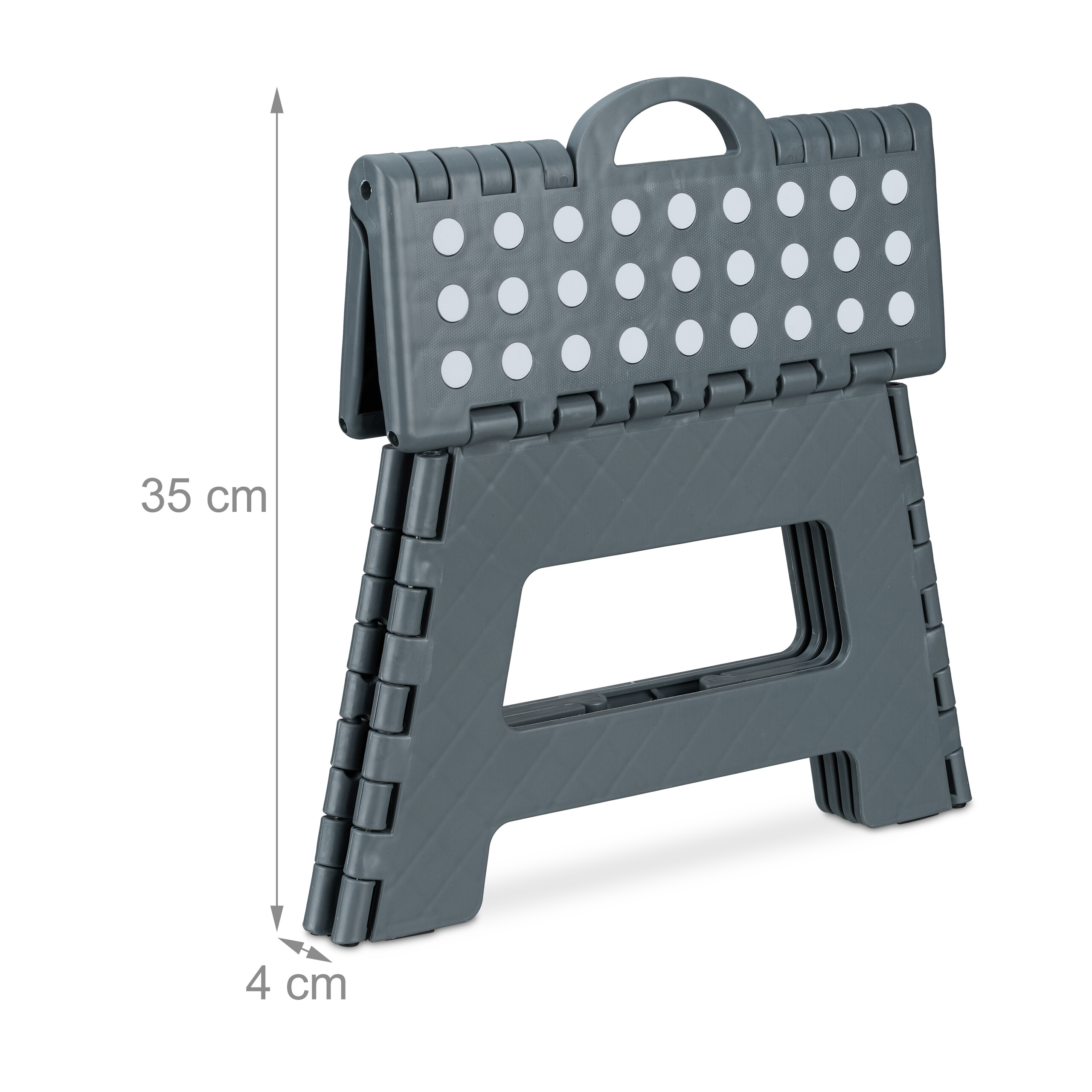 Grauer, zusammenklappbarer Hocker mit Griff, 35 cm hoch und 4 cm dick im geschlossenen Zustand.