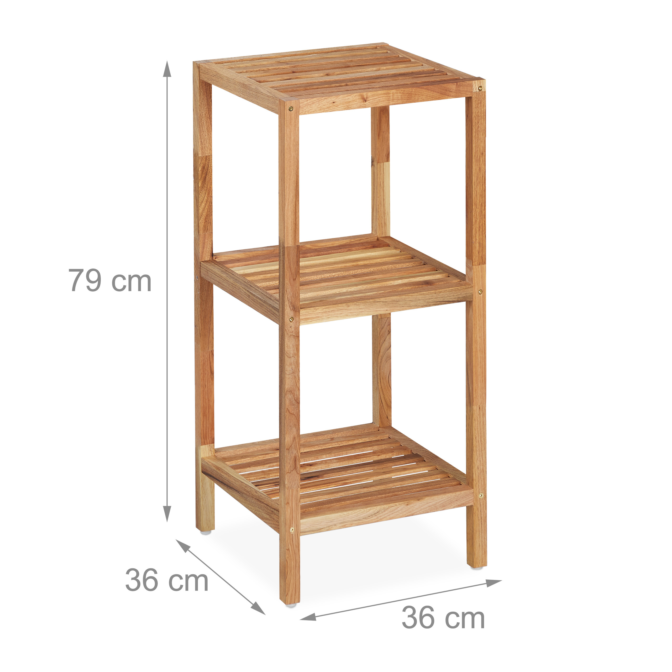 Ein dreistöckiges Holzregal mit den Maßen 79 cm Höhe und 36 cm Breite und Tiefe.