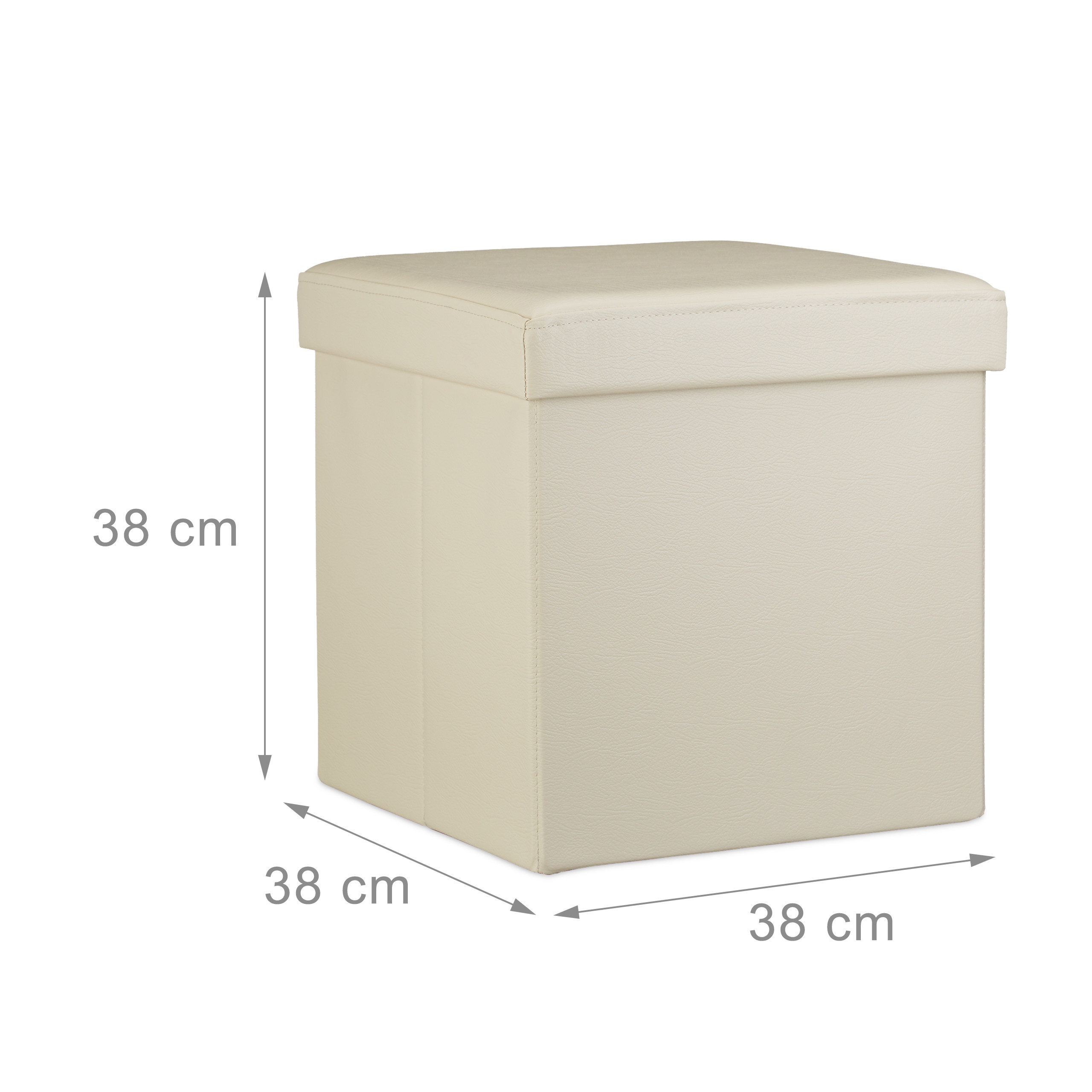 Beige quadratische Aufbewahrungsbox mit Deckel und Maßen von 38x38x38 cm.