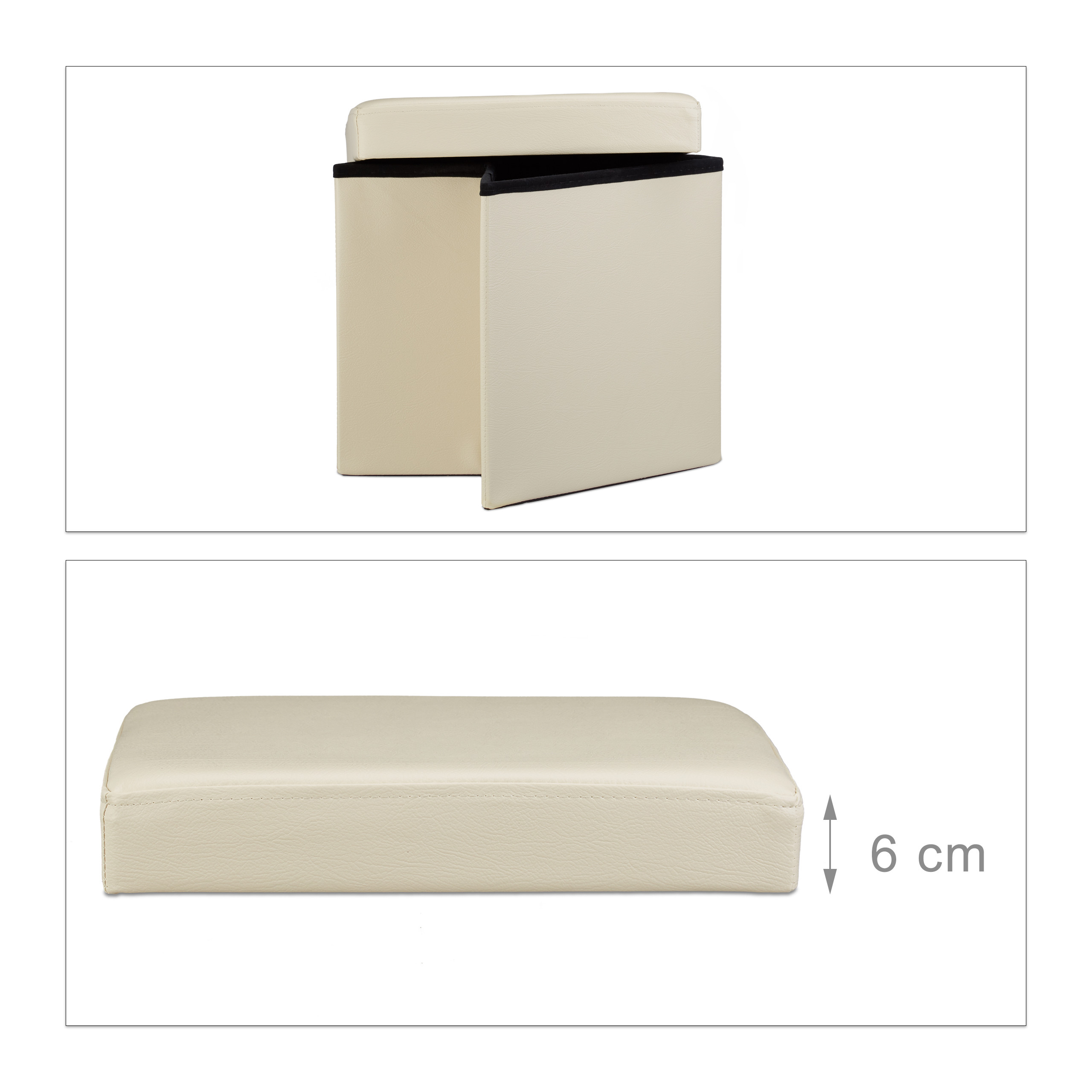 Beiger faltbarer Hocker mit abnehmbarem Kissen, Höhe 6 cm.