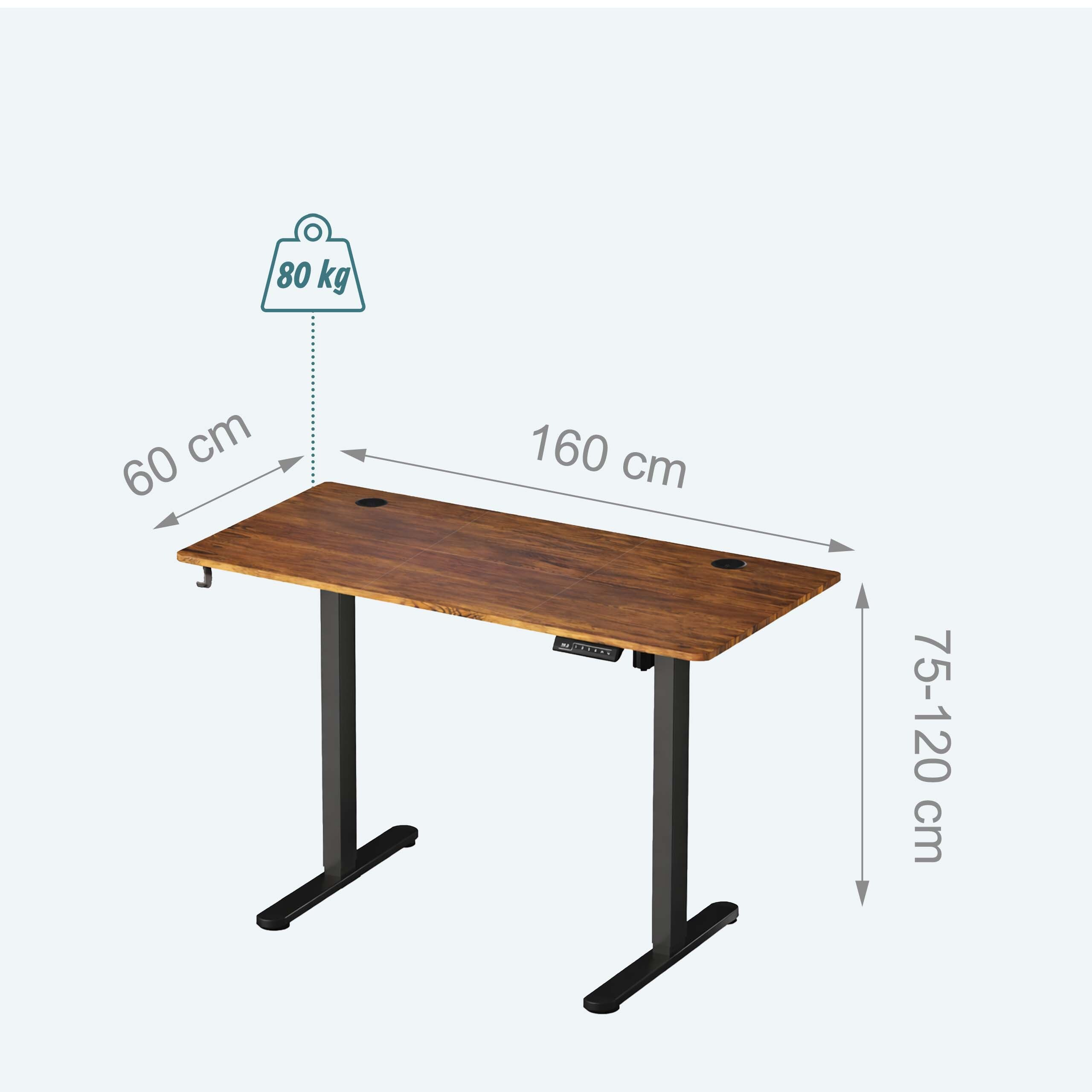 Höhenverstellbarer Schreibtisch mit Holzplatte und Maßen: 160 cm breit, 60 cm tief, 75-120 cm hoch, trägt 80 kg.