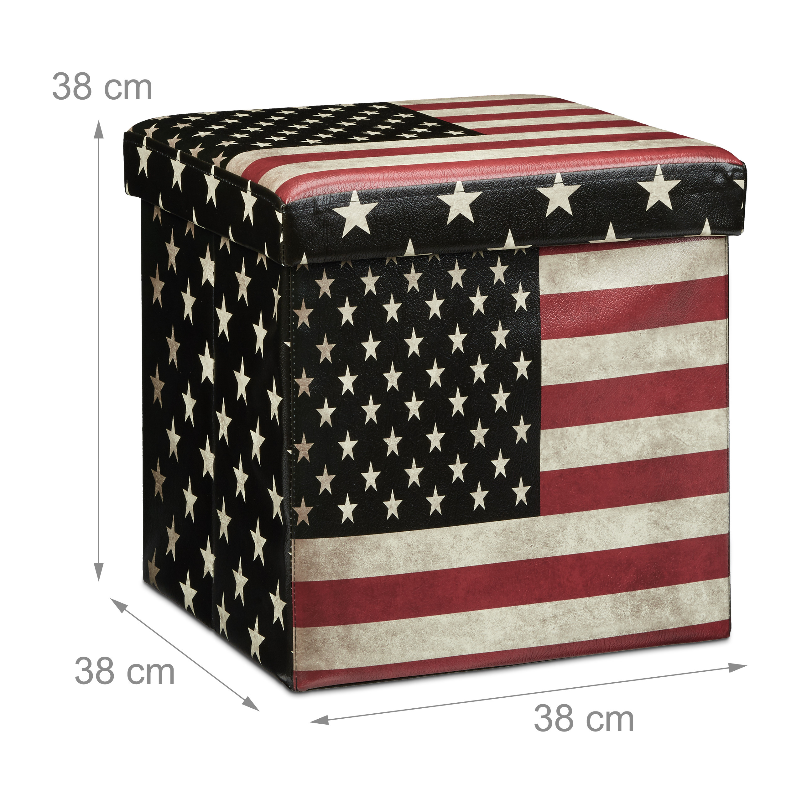 Quadratischer Hocker mit US-Flaggen-Design, Maße 38x38x38 cm.