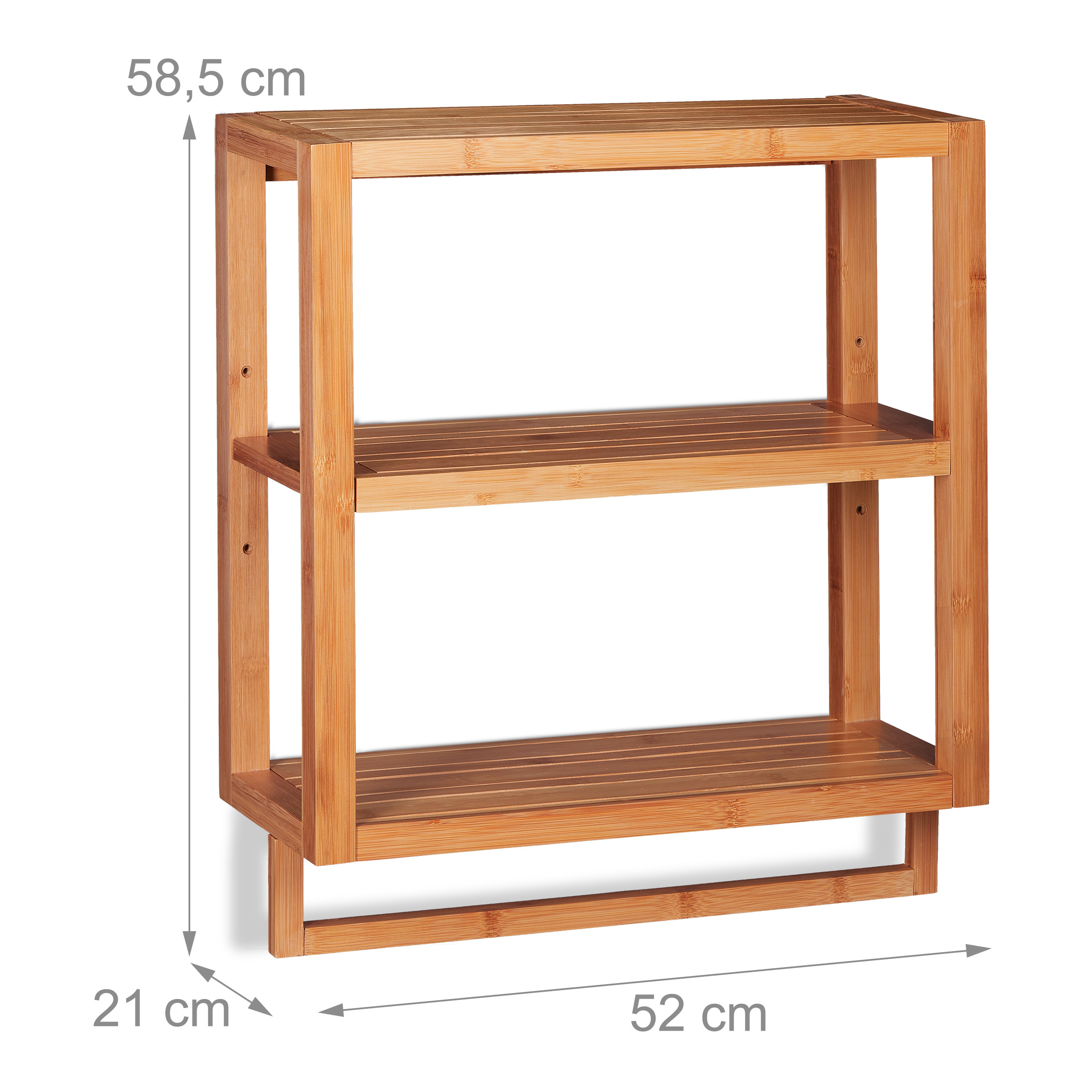 Holzregal mit drei Ebenen und Handtuchhalter unten, Maße 58,5x52x21 cm.