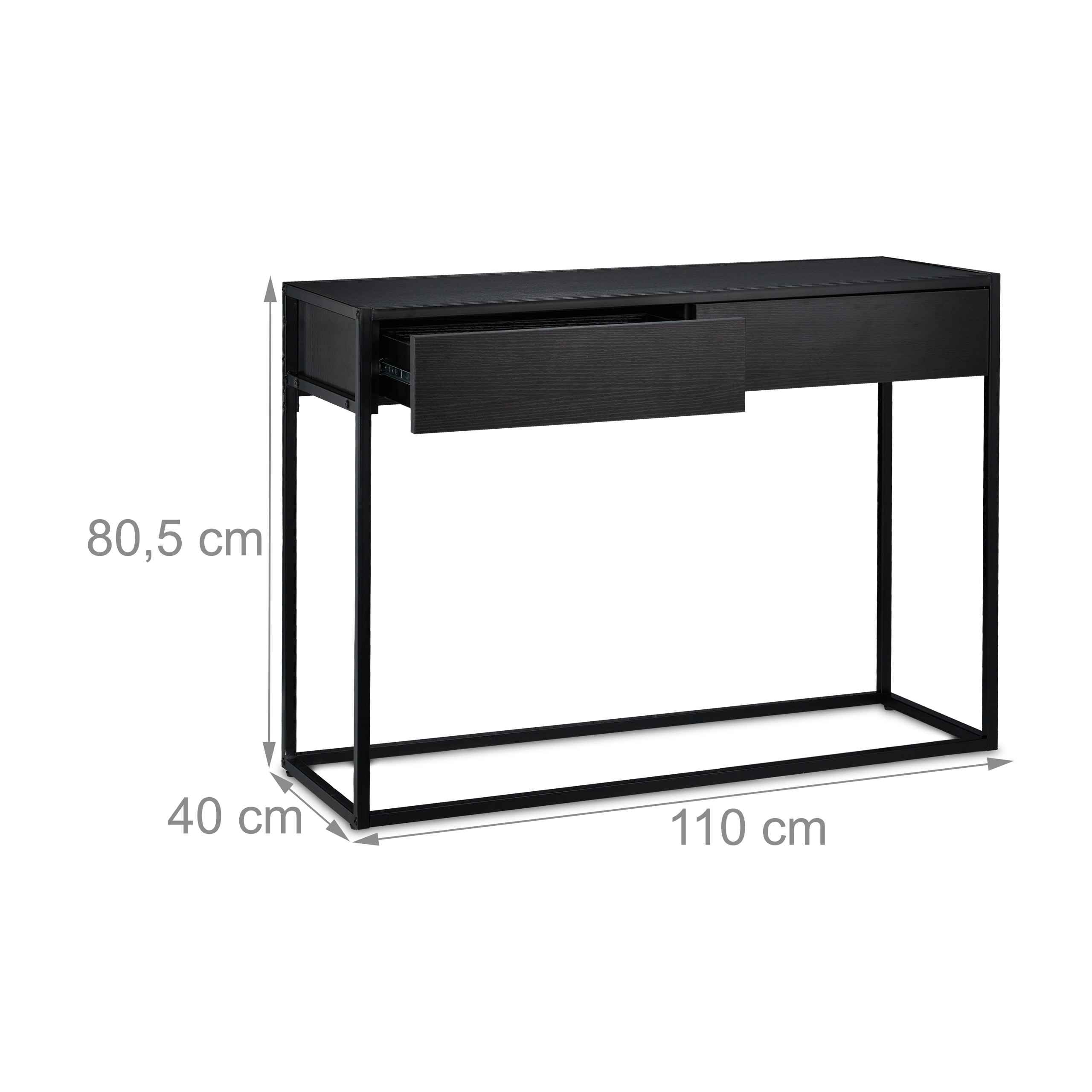 Schwarzer Konsolentisch mit Metallrahmen, einer offenen Schublade und Maßen von 110x40x80,5 cm.