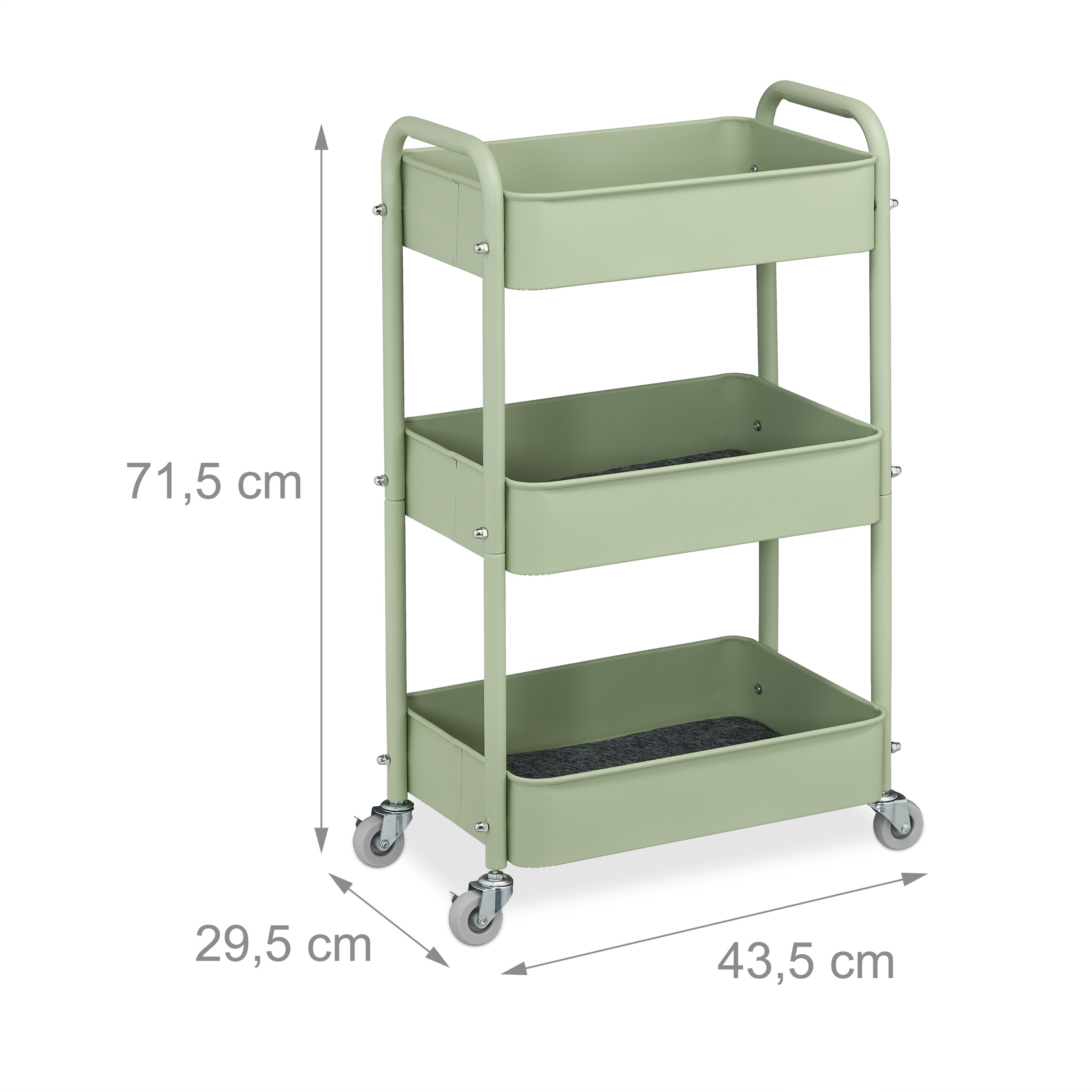 Hellgrüner dreistöckiger Servierwagen mit Rollen, 71,5 cm Höhe, 29,5 cm Tiefe und 43,5 cm Breite.