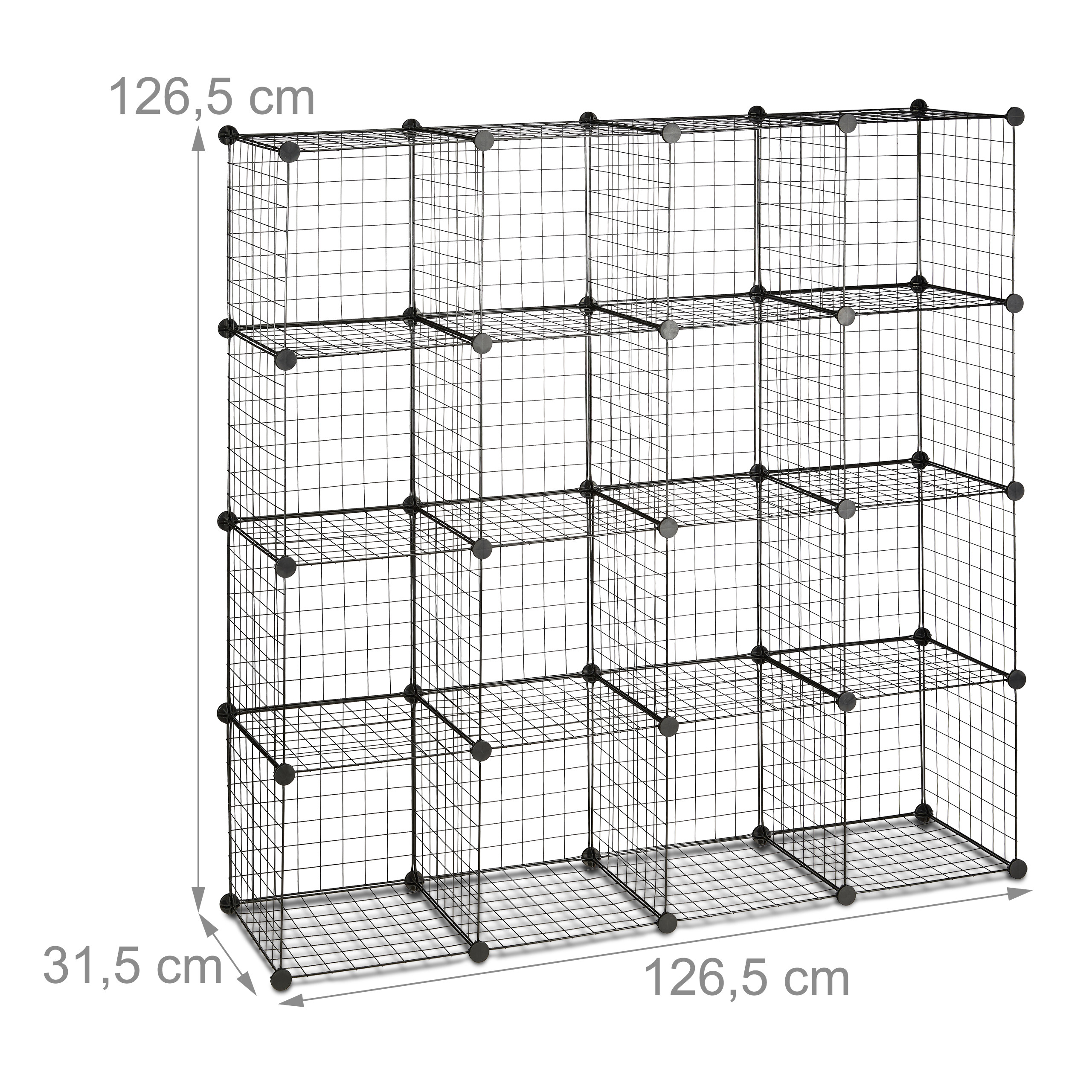 Ein schwarzes Drahtgitter-Regalsystem mit Maßangaben von 126,5 cm Höhe und Breite sowie 31,5 cm Tiefe.