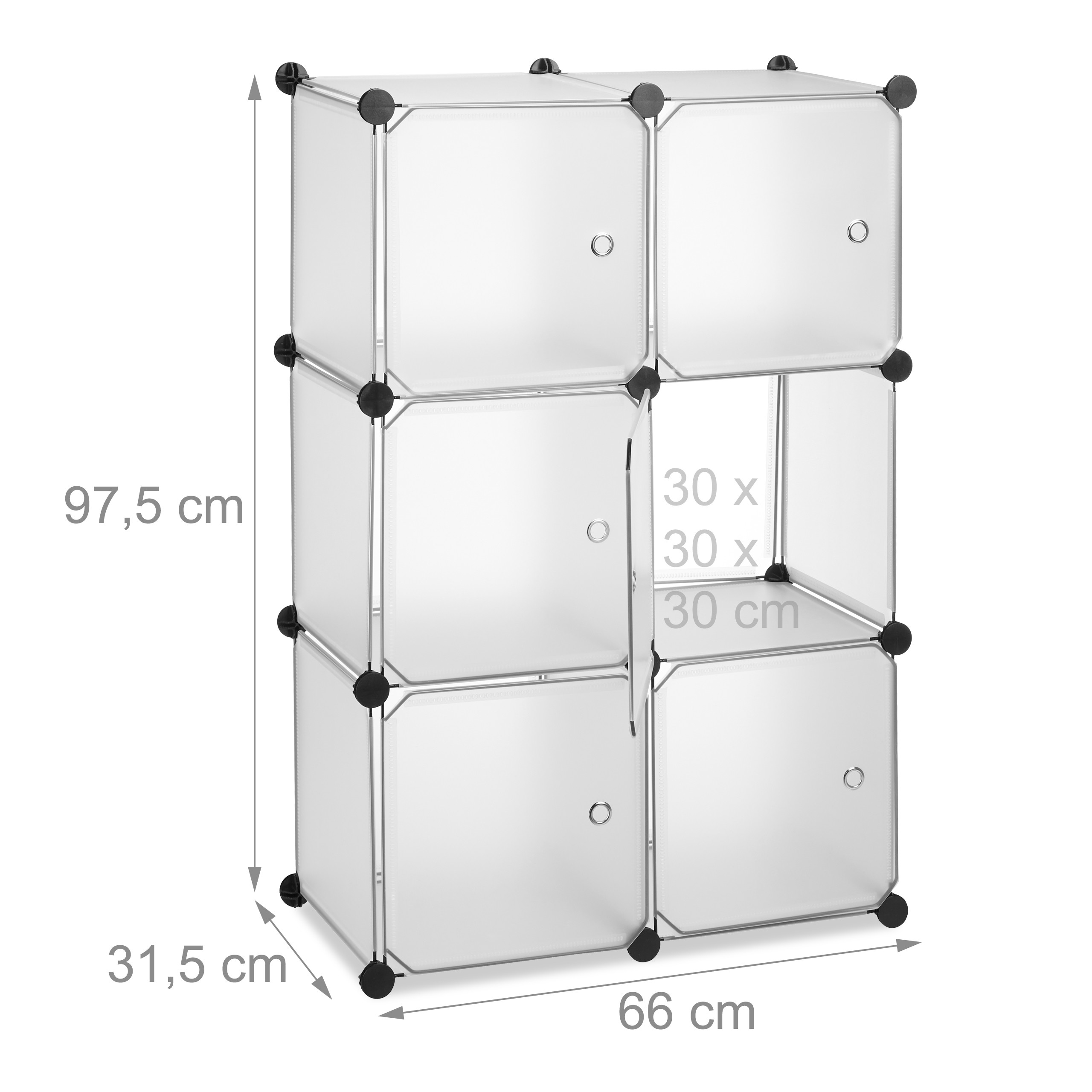 Modulares weißes Kunststoffregal mit sechs Fächern und Maßen.