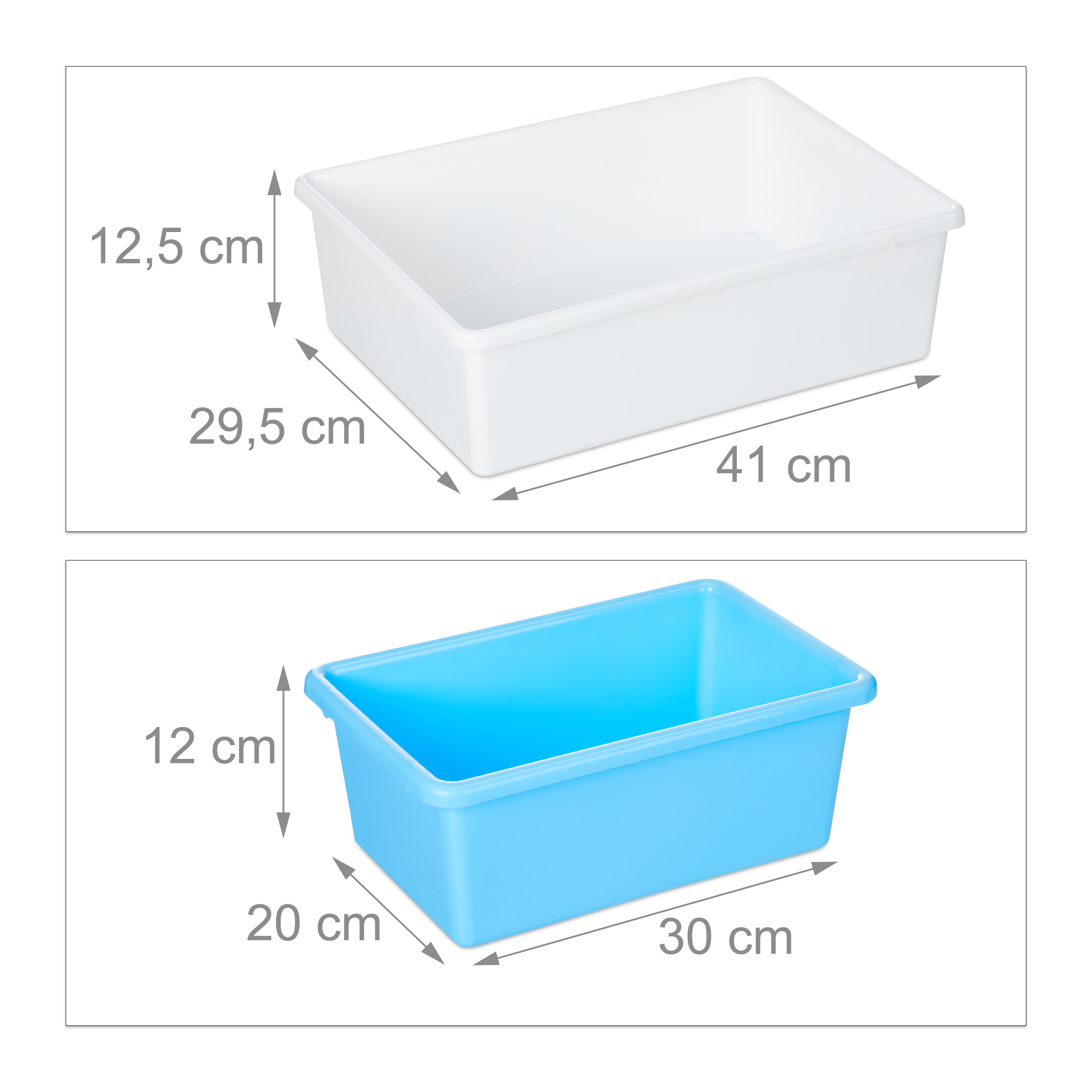 Zwei rechteckige Plastikboxen, weiß und blau, mit Maßen in Zentimetern angegeben.