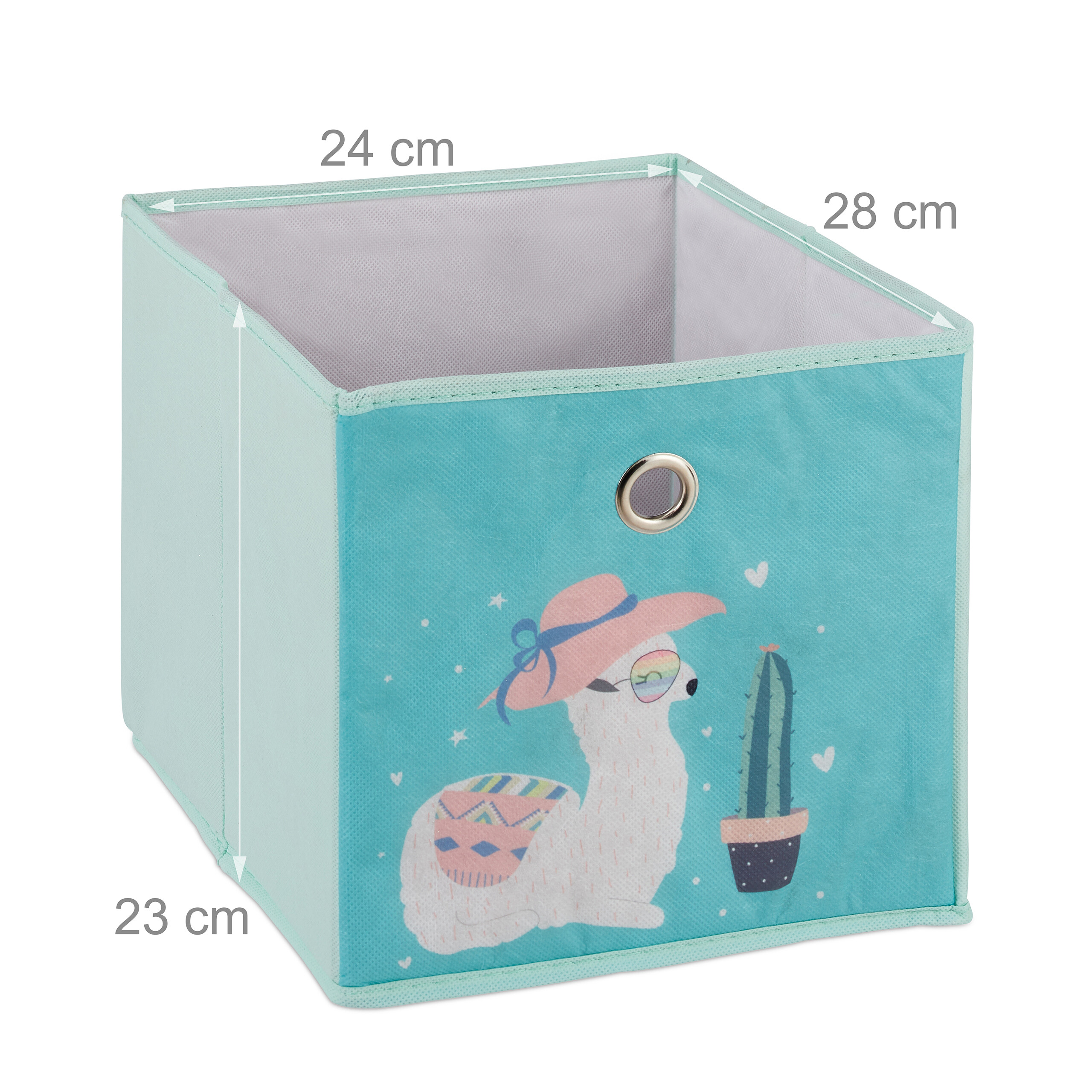 Türkise Stoffbox mit Lama-Motiv, Sonnenbrille und Kaktus, Maße 24x28x23 cm.