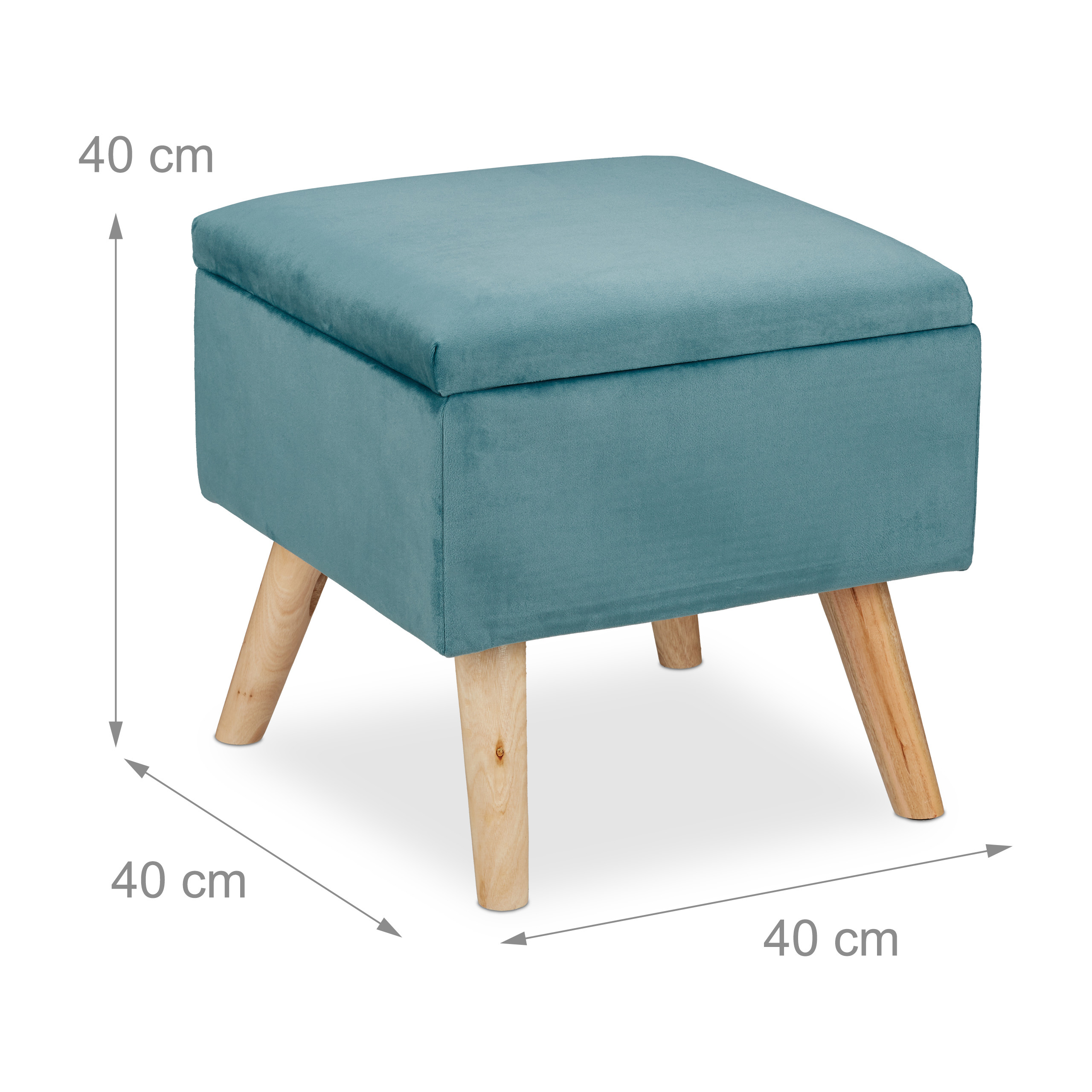 Ein blauer Polsterhocker mit Stauraum und Holzbeinen, Maße 40x40x40 cm.