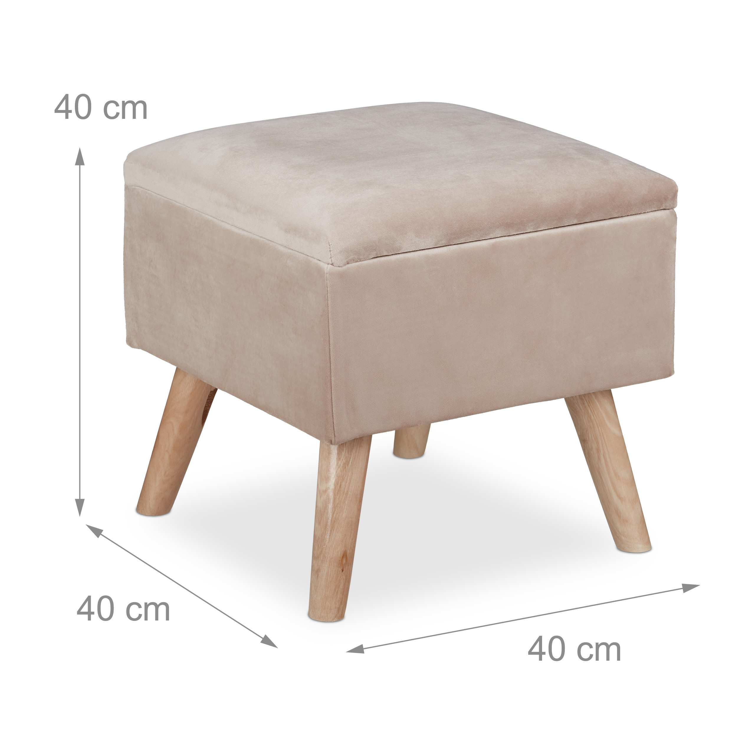 Beiger Polsterhocker mit Holzbeinen, Maße 40x40 cm.